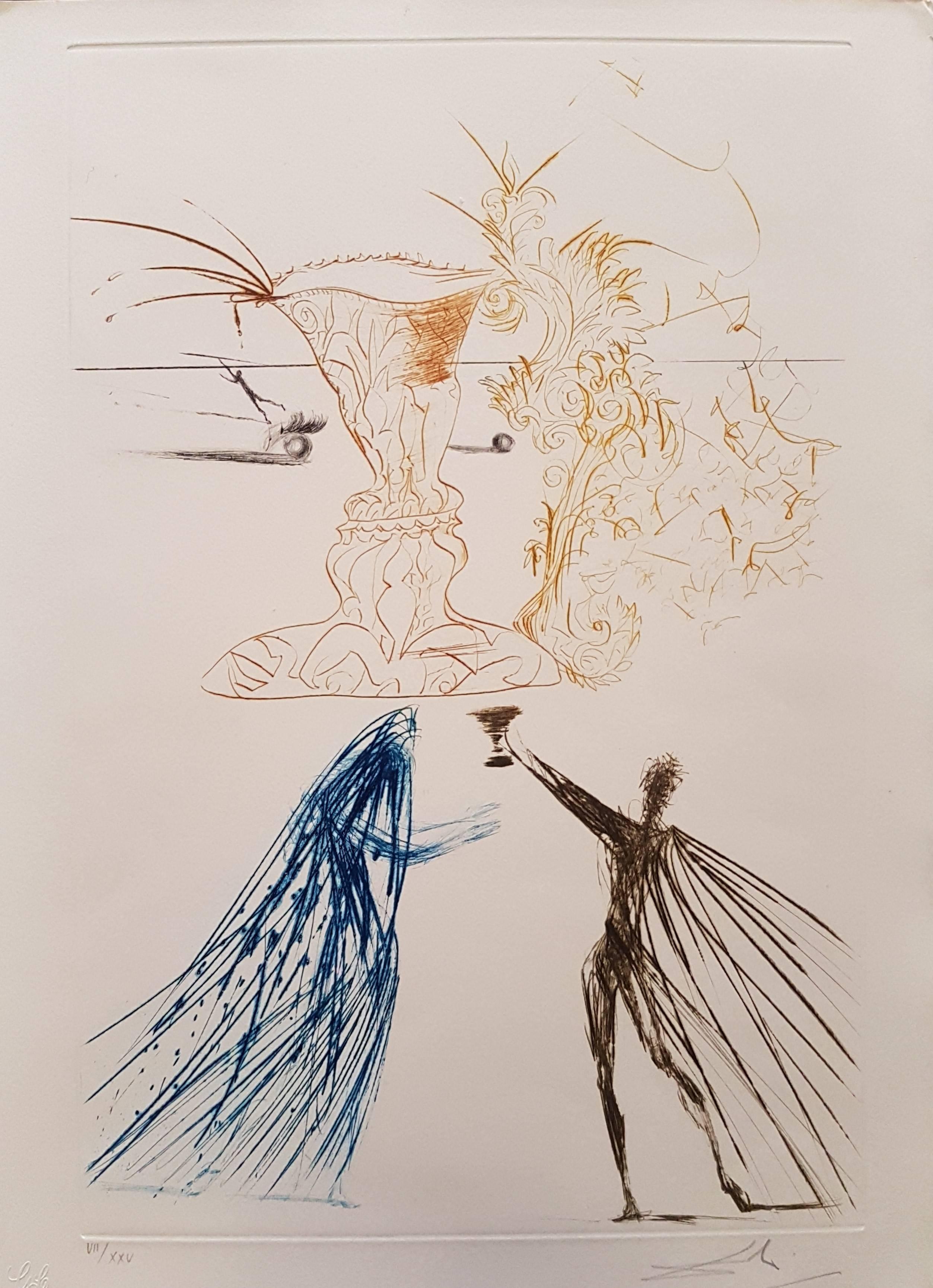 Salvador Dalí Abstract Print - Tristan and Isolde - Original Drypoint by S. Dalì - 1969
