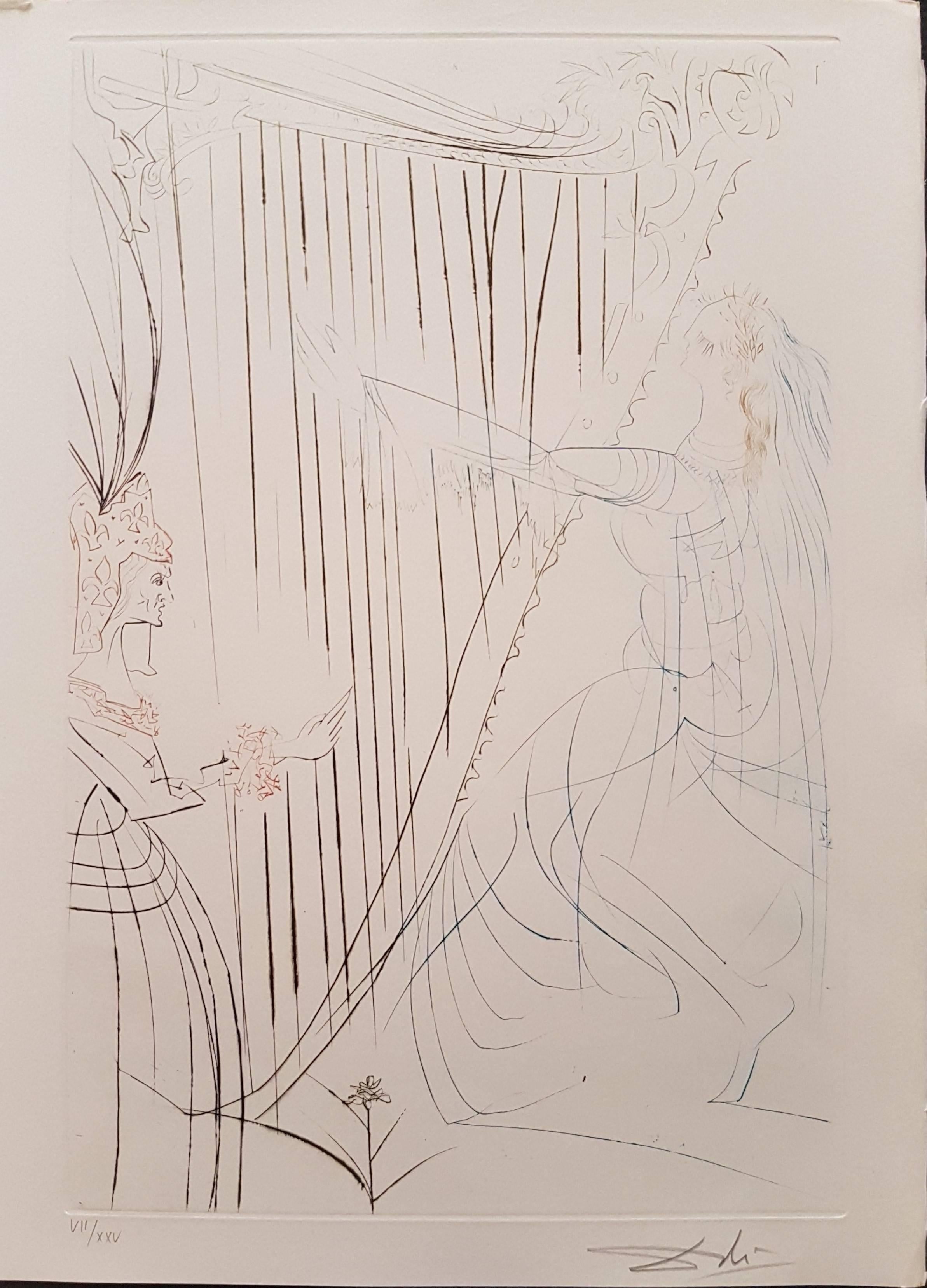 Salvador Dalí Abstract Print - Plate from "Tristan and Isolde": Queen Isolde and Her Daughter