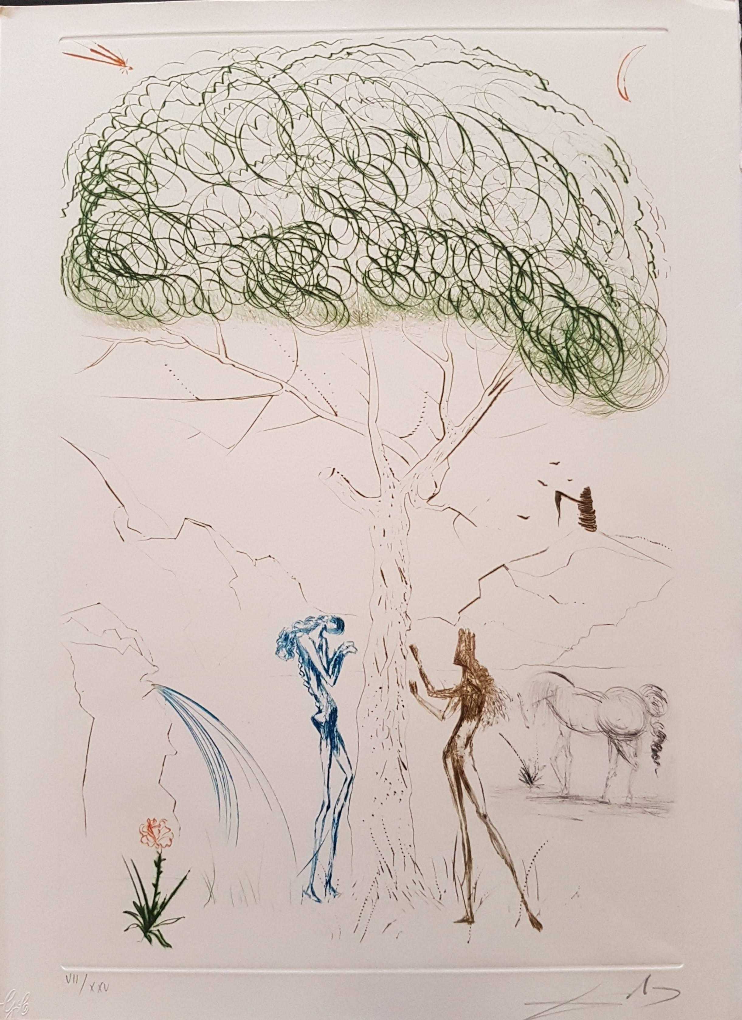 Salvador Dalí Abstract Print - Plate from "Tristan and Isolde": Under the Parasol Pine