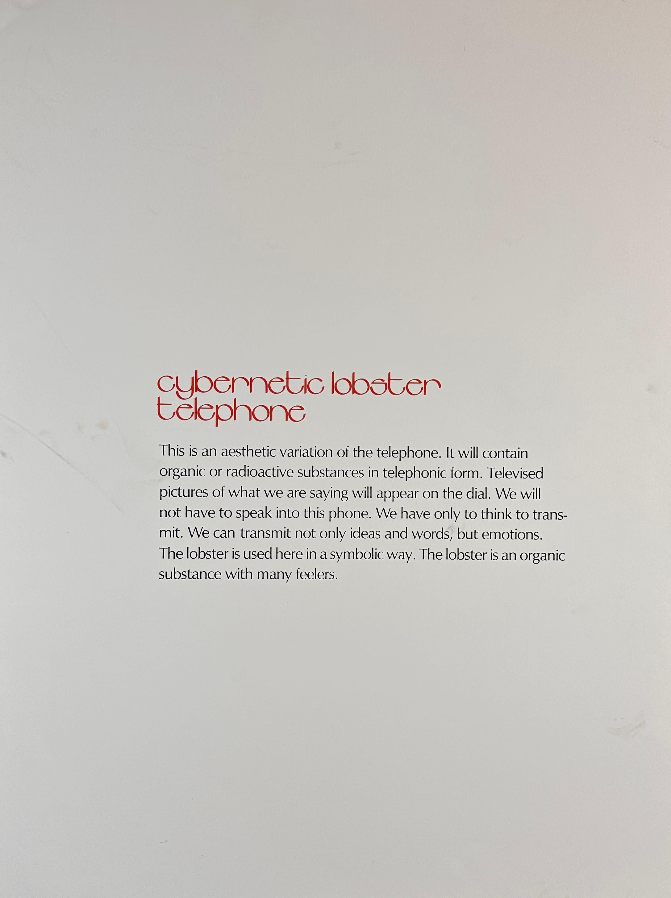 
ARTISTA: Salvador Dalí

TÍTULO: Imaginaciones y objetos del futuro Teléfono cibernético de langosta

MEDIO: Aguafuerte

FIRMADO: Firmado a mano por Salvador Dalí

EDITOR: Merrill Chase, Chicago/Alan Rich, Nueva York

NÚMERO DE EDICIÓN: