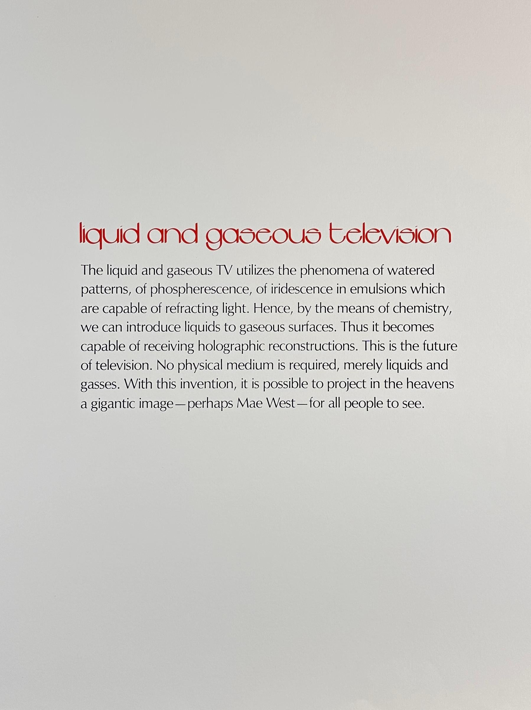 ARTIST: Salvador Dali

TITLE: Imaginations & Objects of The Future Liquid and Gaseous Television 

MEDIUM: Etching

SIGNED: Hand Signed by Salvador Dali

PUBLISHER: Merril Chase, Chicago/Alan Rich, NY

EDITION NUMBER: 65/250

MEASUREMENTS: 30.75