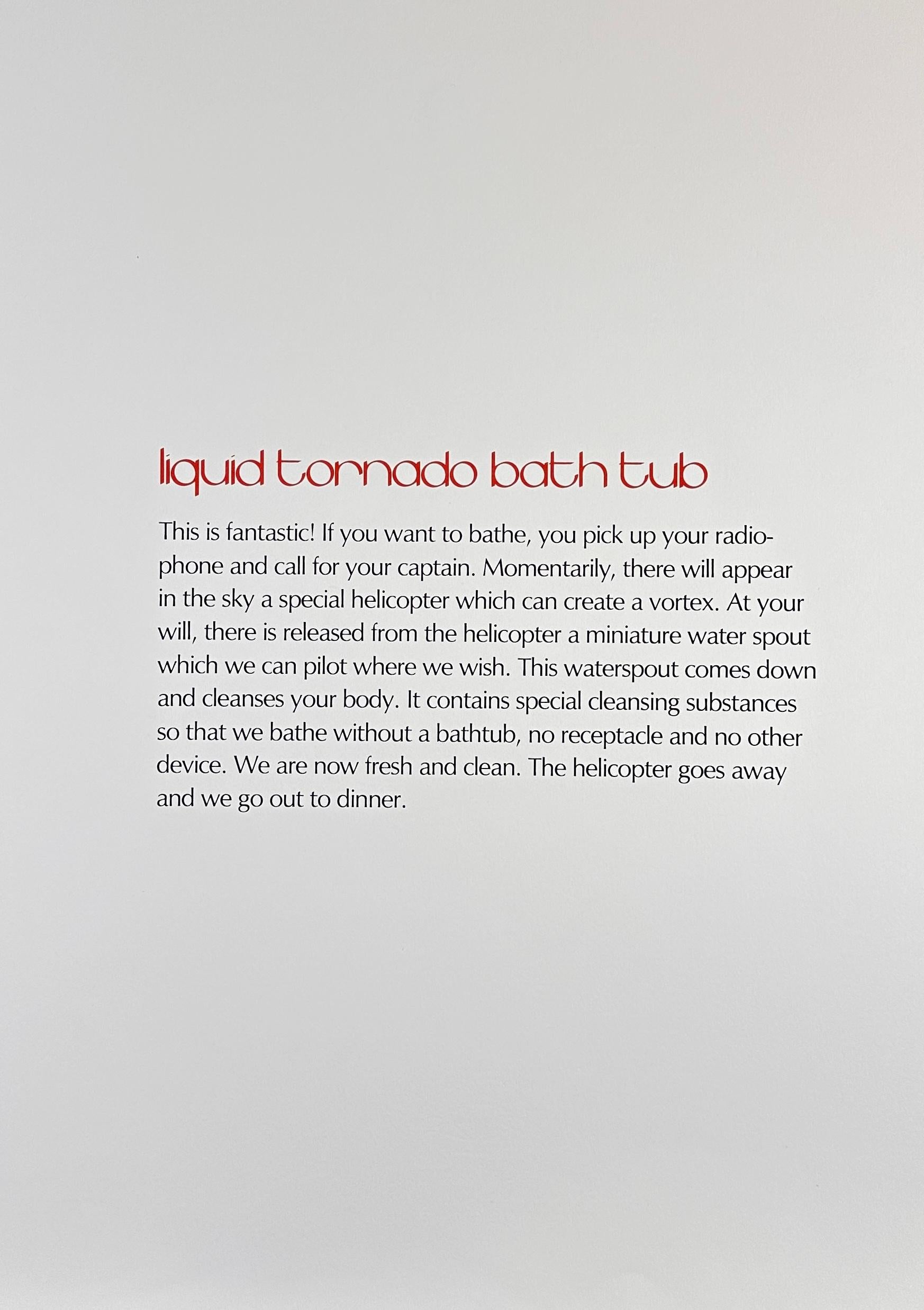 ARTIST: Salvador Dali

TITLE: Imaginations & Objects of The Future Liquid Tornado Bath Tub

MEDIUM: Etching

SIGNED: Hand Signed by Salvador Dali

PUBLISHER: Merril Chase, Chicago/Alan Rich, NY

EDITION NUMBER: 65/250

MEASUREMENTS: 30.75