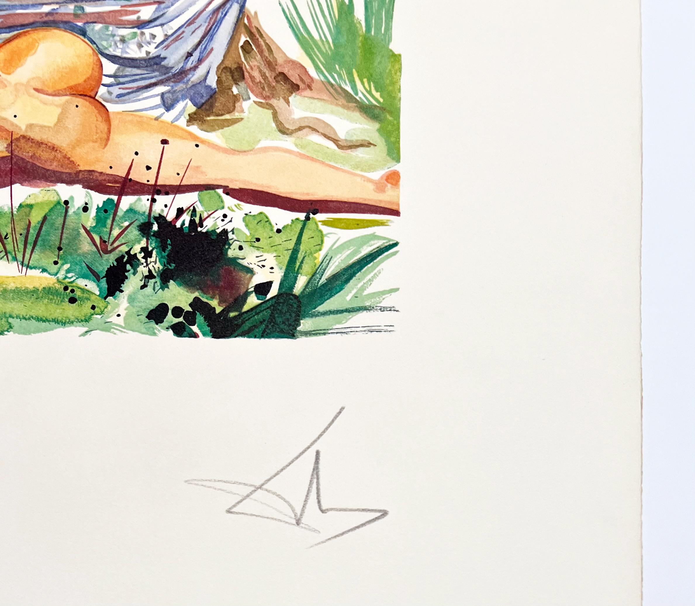 Artist: Salvador Dali
Title: Infidèle épouse de Ménélas...
Portfolio: L'art d'aimer
Medium: Woodcut on Arches
Date: 1978
Edition: 79/144
Frame Size: 25 1/4