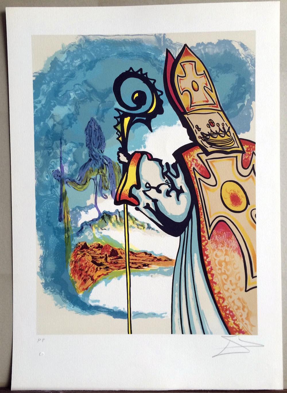 King Richard, suite Ivanhoe 1977, lithographie signée, robe longue, évêque Miter - Print de Salvador Dalí