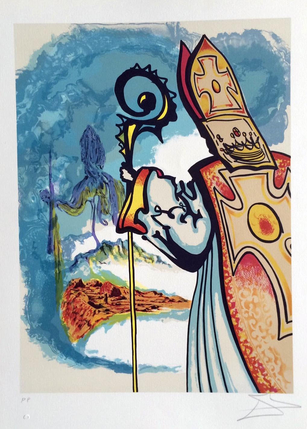 Salvador Dalí Figurative Print – King Richard, Ivanhoe Suite 1977, signierte Lithographie, Langer Robe, Bischofsmiter