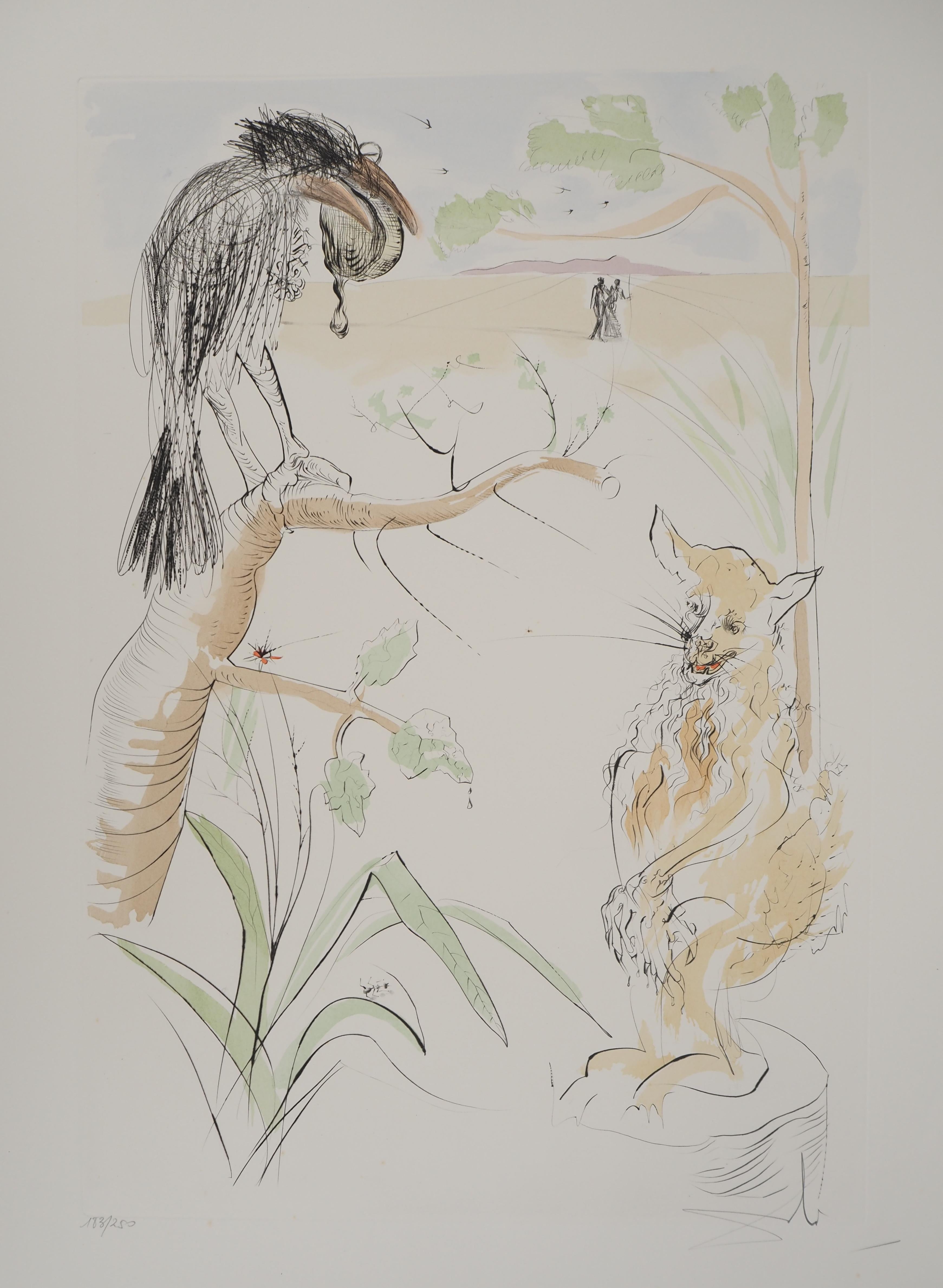 La Fontaine's Bestiarium, The crow and the fox -Original Radierung, HANDSIGNIERT, 1974 (Surrealismus), Print, von Salvador Dalí