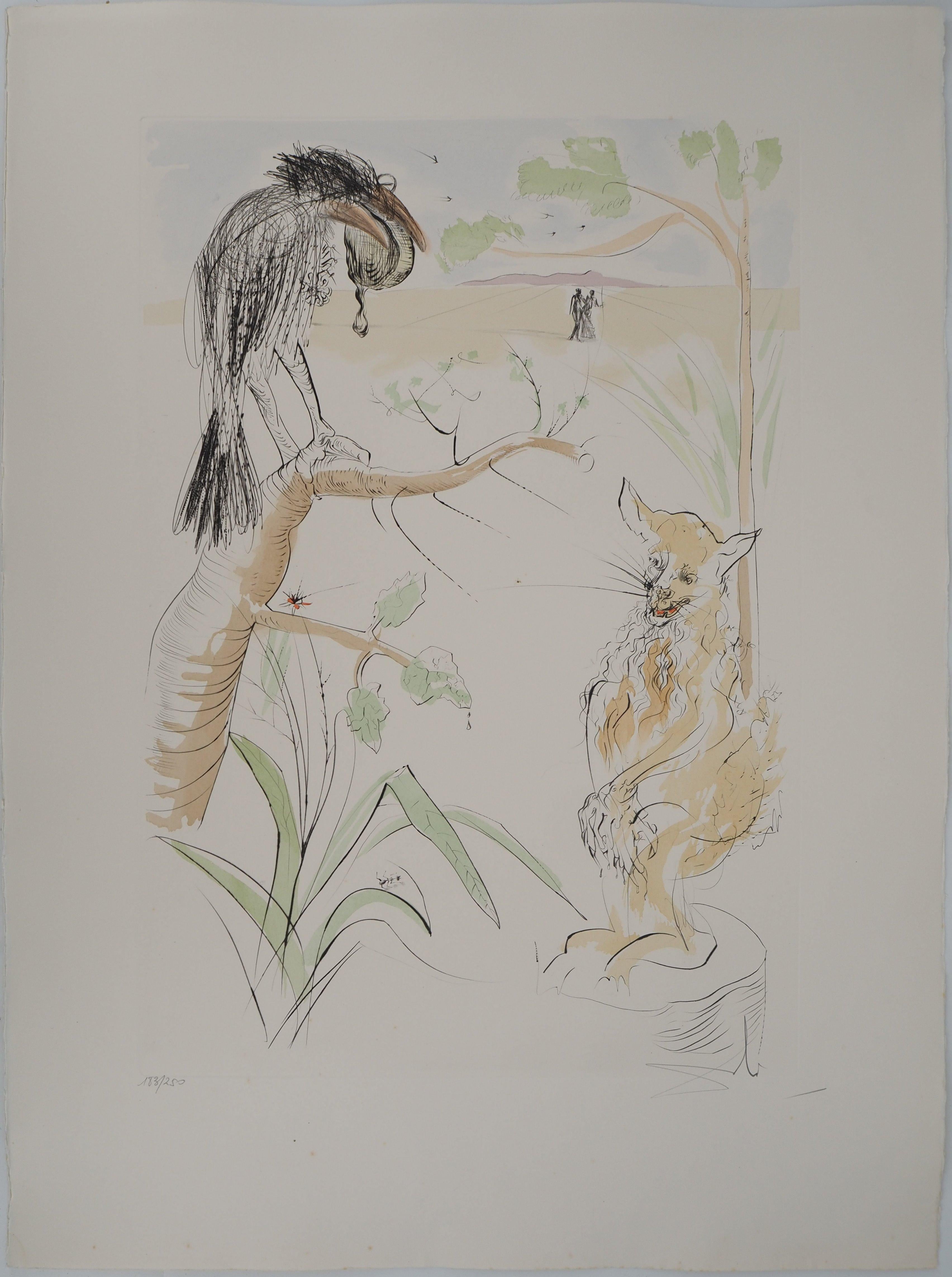 Salvador Dalí Animal Print – La Fontaine's Bestiarium, The crow and the fox -Original Radierung, HANDSIGNIERT, 1974