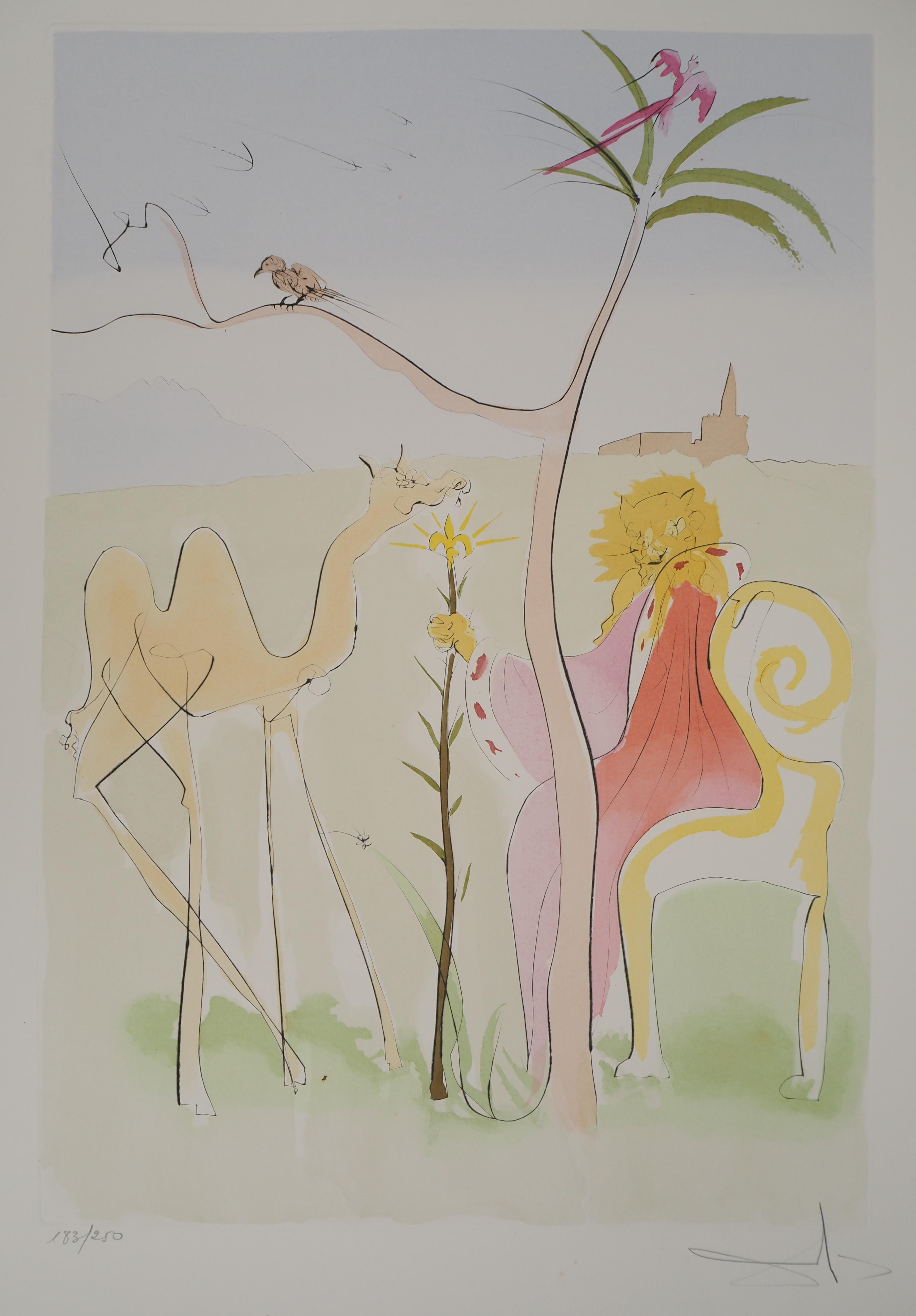 La Fontaine's Bestiary, The Lion's Court - Original etching, HANDSIGNED, 1974 - Surrealist Print by Salvador Dalí