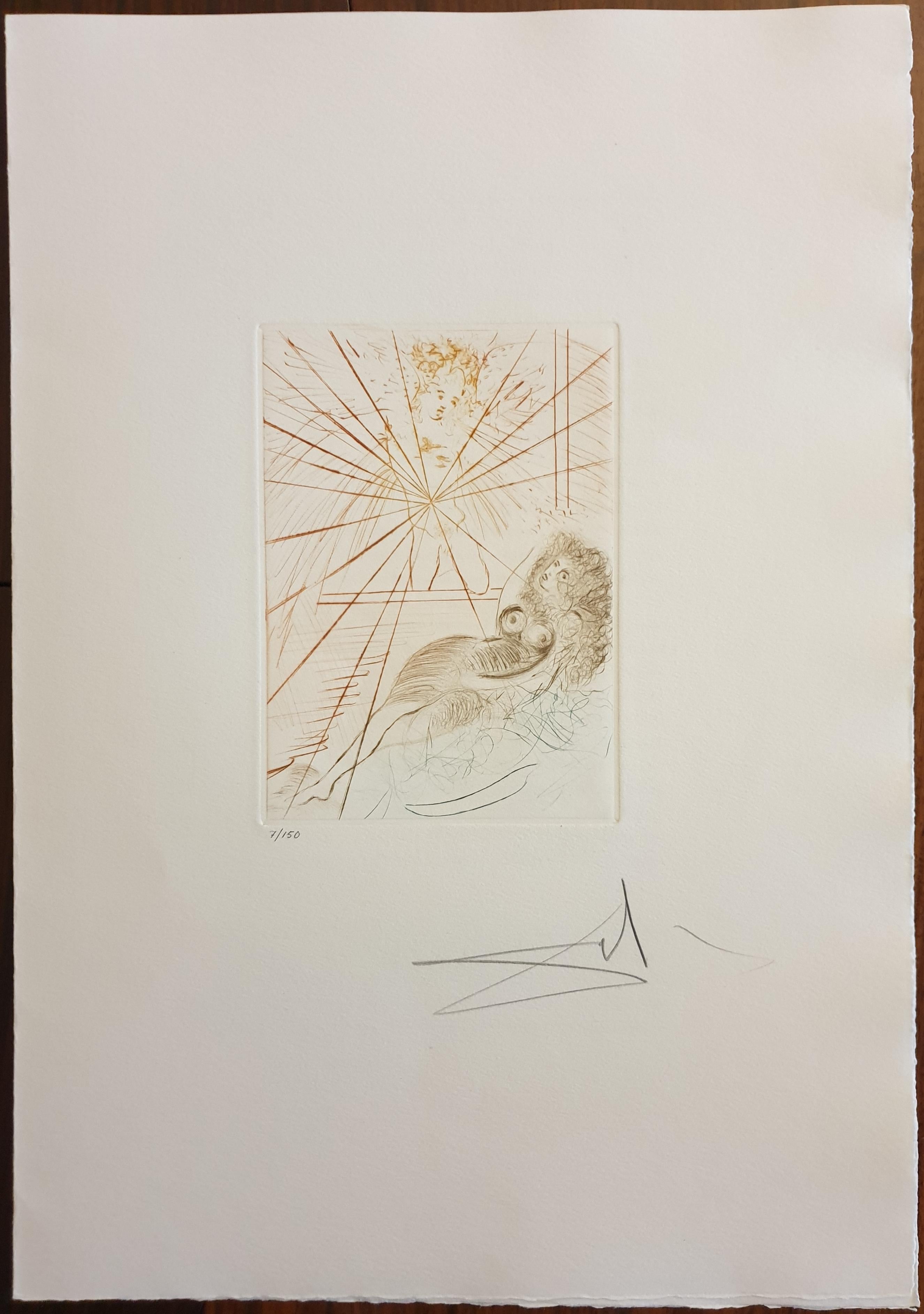 L'Ange Gabriel is an etching and aquatint realized in 1972.

The artwork represents an episode of a novel included in Boccaccio's Decameron.

Limited edition number 48/125 prints on Arches paper, numbered and hand signed in pencil by the