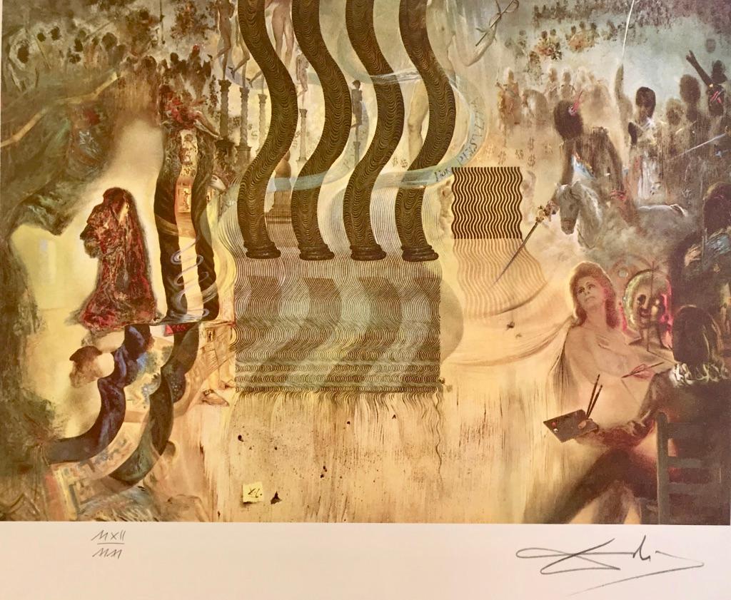 Lithograph in limited edition on BFK Rives paper, signed in the plate. This representation of one major artwork in Dali's art shows Gala in the apothéose of the dollars. Dali represented himself in this artwork with the face of Velasquez. The