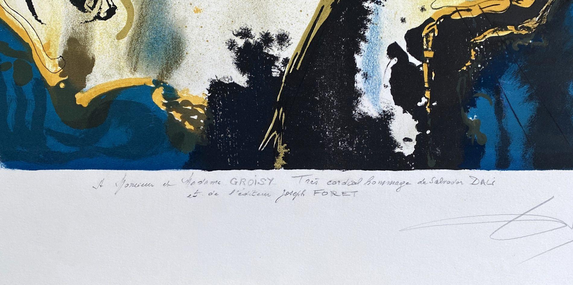 Salvador DALI
Le cavalier triomphant, 1973

Original lithograph and drypoint
Handsigned in pencil by the artist
Numbered /197 copies and handsigned by Joseph Foret (publisher)
Proof dedicated by Joseph Foret
On Arches vellum 92.5 x 65.8 cm (c. 36,2