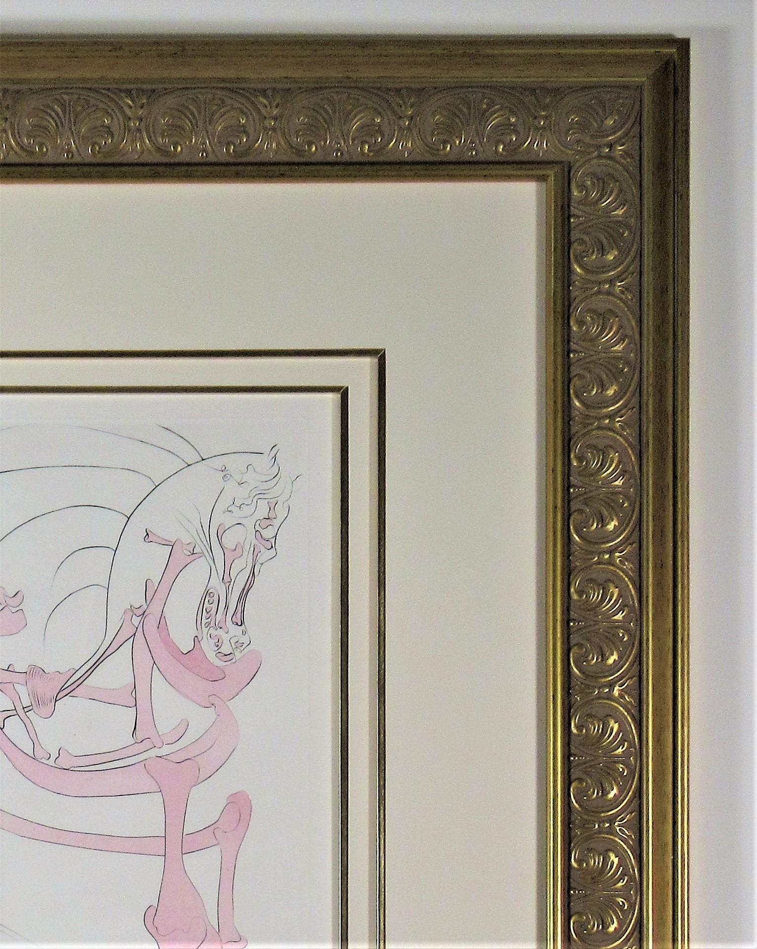 This artwork titled, Le Cheval en Rose (The Rosy Horse) from the suite, Visions De Quevedo, 1975. is an original engraving with pochoir hand coloring on Richard de Bas paper, by artist Salvador Dali 1904-1989. It is hand signed and numbered