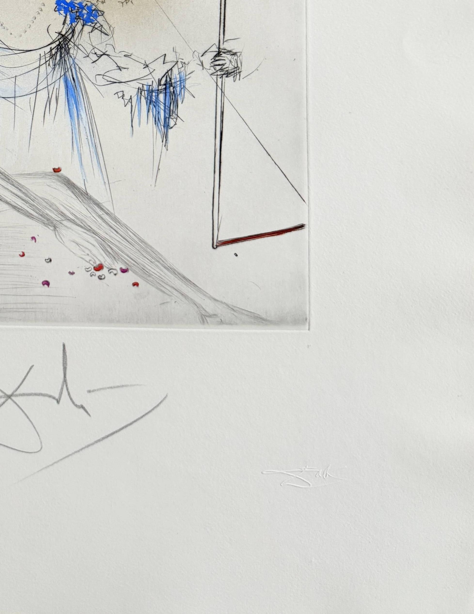 Salvador Dali (1904-1989) - Le Vieil Hippy (The Old Hippy)

Drypoint etching from 1969.

The edition 25/145 on Arches paper.

Dimensions of work: 66 x 51 cm.

Hand signed.

Publisher: Pierre Argillet, Paris.

Printer: Atelier Robbe,