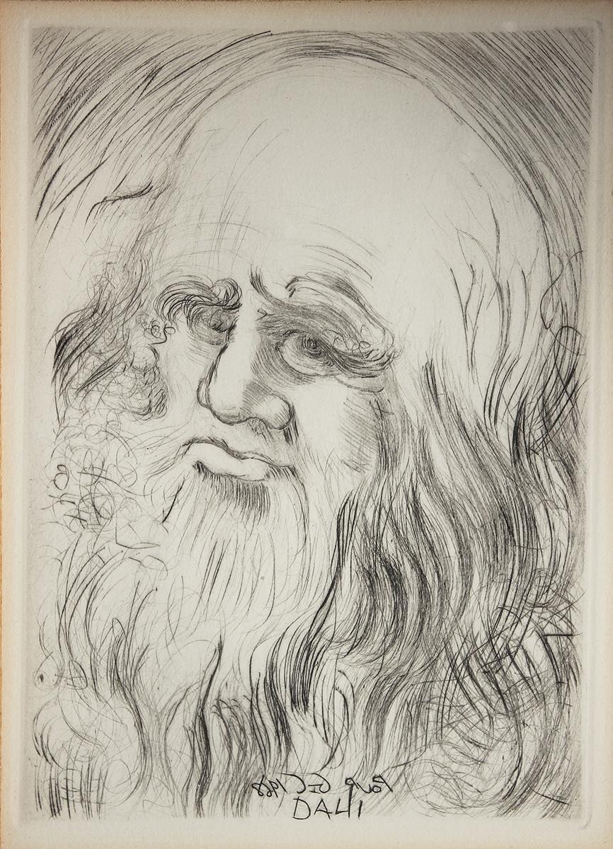 Leonardo da Vinci portrait from the ‘Immortals of Art’ series of etchings produced by Dali in 1968 and published by the Collector’s Guild in New York City. The series consisted of 15 etchings of artist portraits and iconic images from Dali's body of