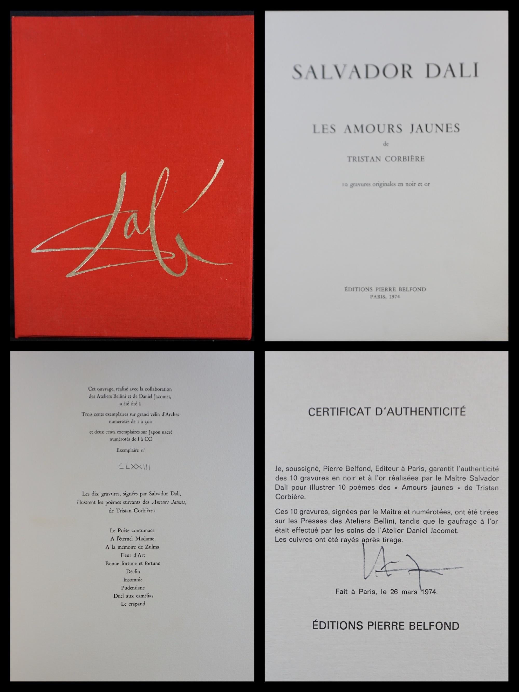 ARTIST: Salvador Dali

TITLE: Les Amours Jaunes Suite

 MEDIUM: 10 Etchings & color and gold flakes with original portfolio cover

SIGNED: Each piece is Hand Signed 
 

EDITION NUMBER: CLXXXIII/CC matched numbered

MEASUREMENTS: 15.5