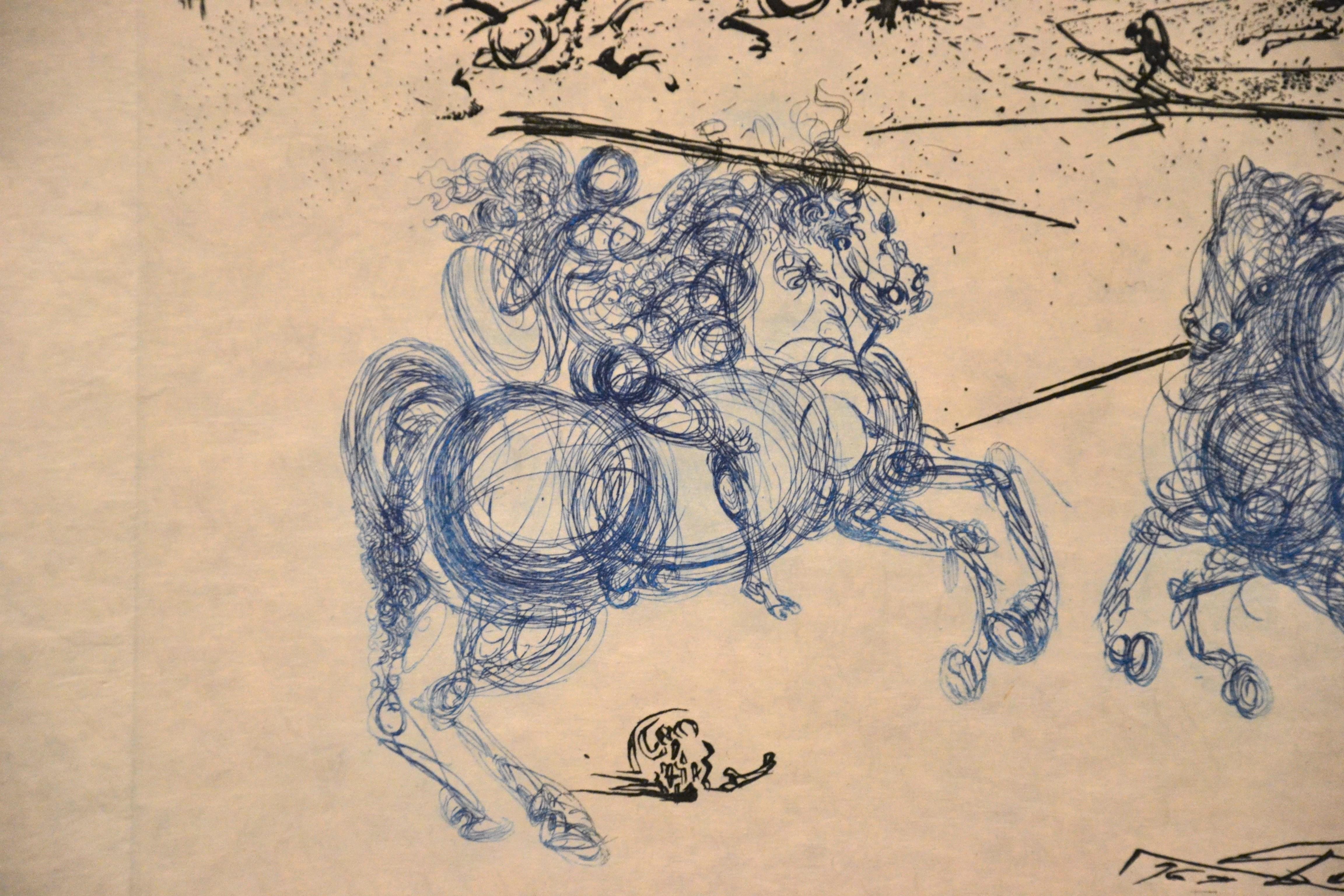 Les Cavaliers Bleus - Originalradierung von S. Dali - 1969 (Beige), Print, von Salvador Dalí