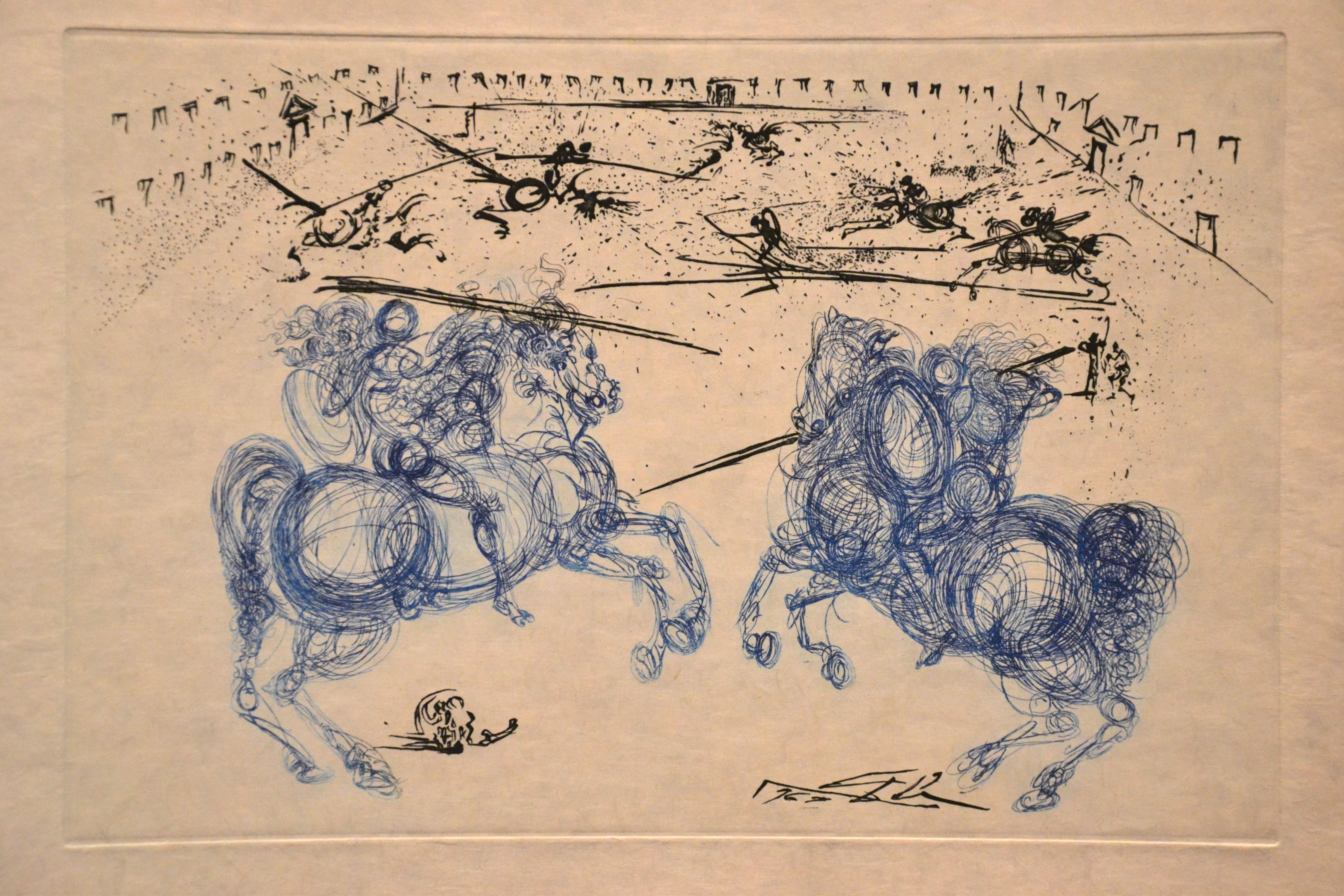 Les Cavaliers Bleus ist eine originale Farbradierung auf Japanpapier:: die 1969 von dem katalanischen Surrealisten Salvador Dalí realisiert wurde. 

Am unteren rechten Rand auf der Platte signiert. Bildabmessungen: 22 x 33 cm. 

Perfekter Zustand.
