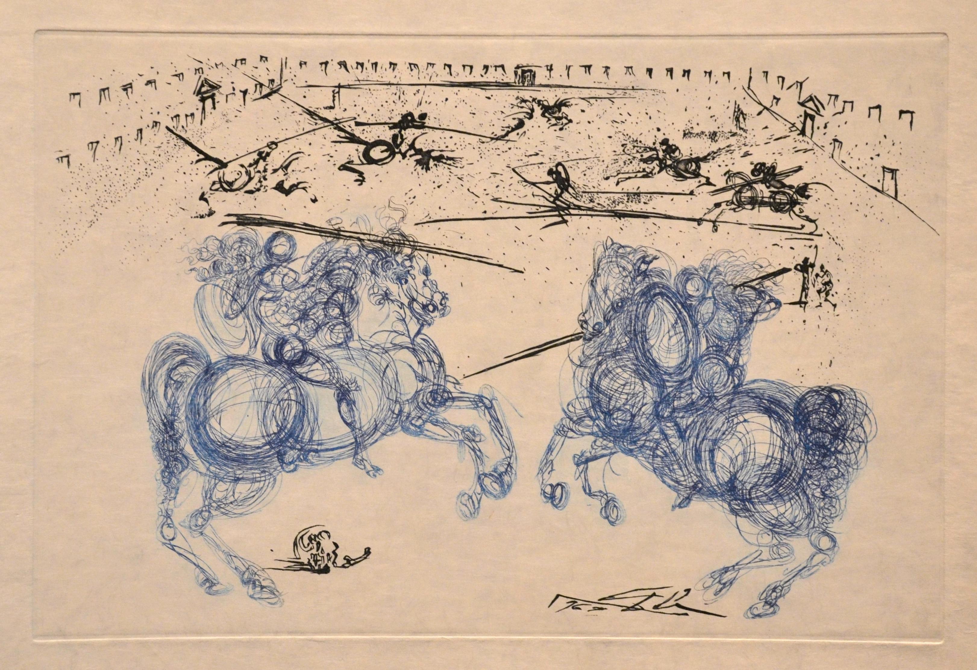 Salvador Dalí Print – Les Cavaliers Bleus - Originalradierung von S. Dali - 1969