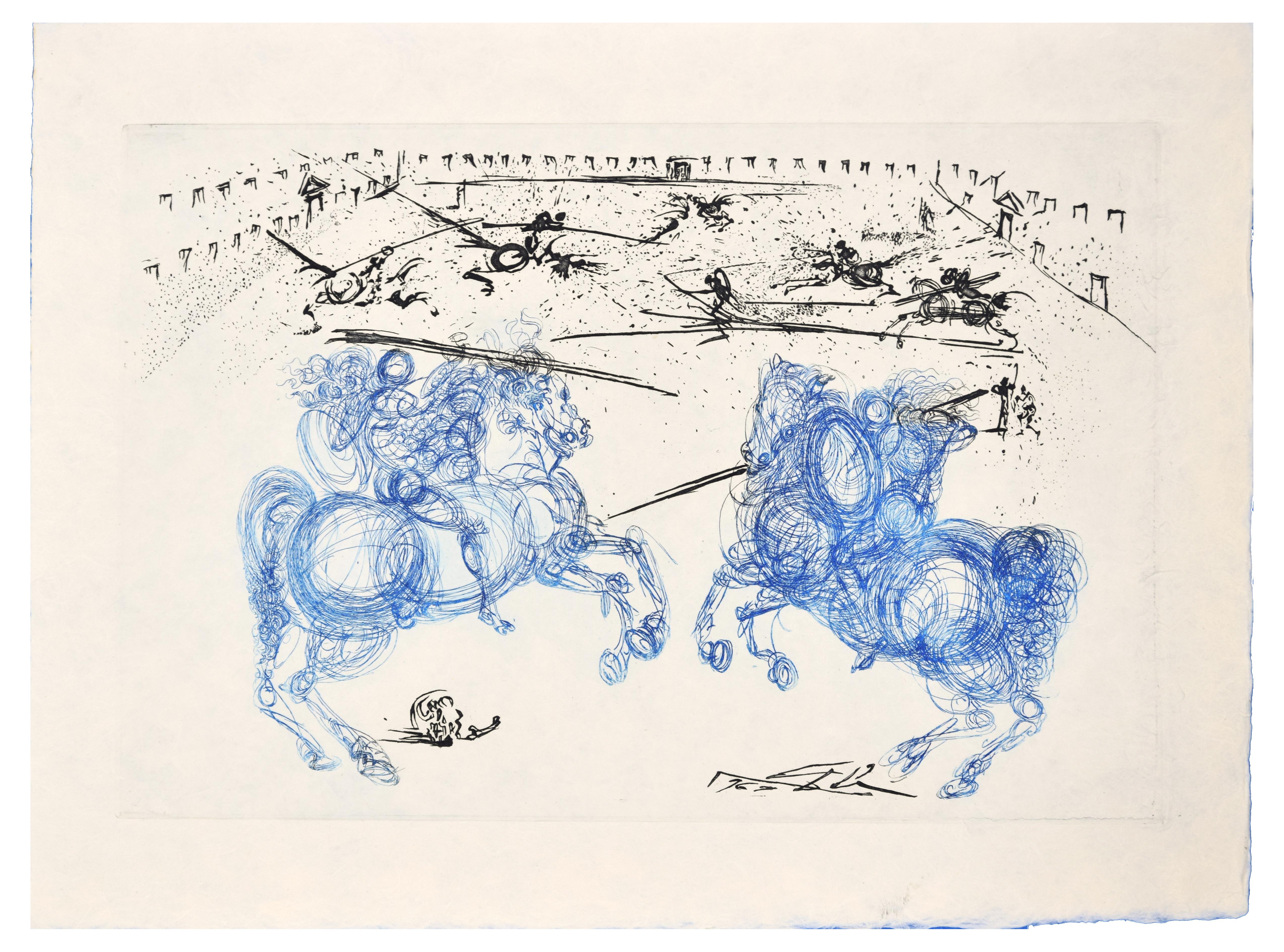 Les Cavaliers Bleus - Original-Radierung von S. Dali - 1973 – Print von Salvador Dalí