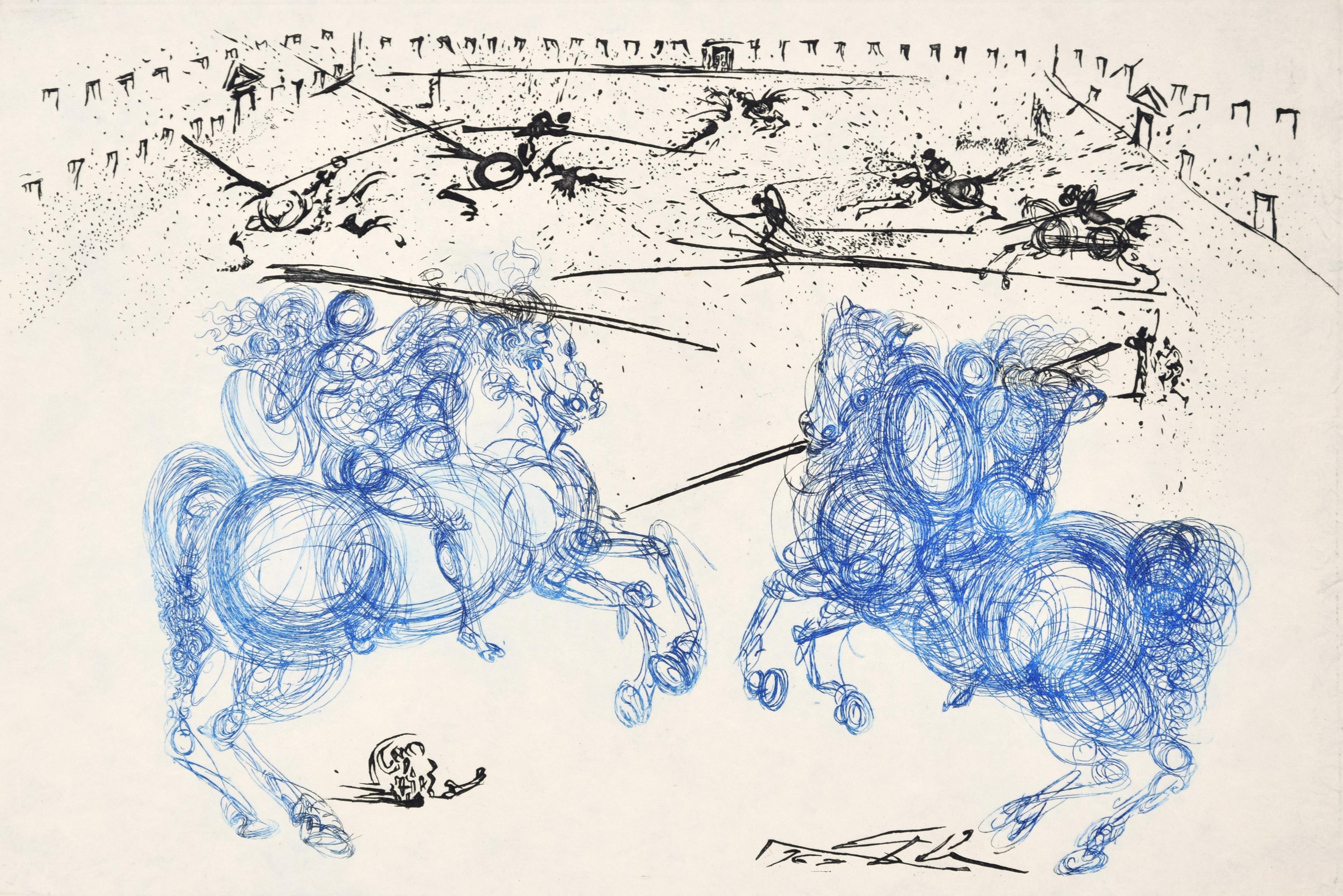 Salvador Dalí Print – Les Cavaliers Bleus - Original-Radierung von S. Dali - 1973