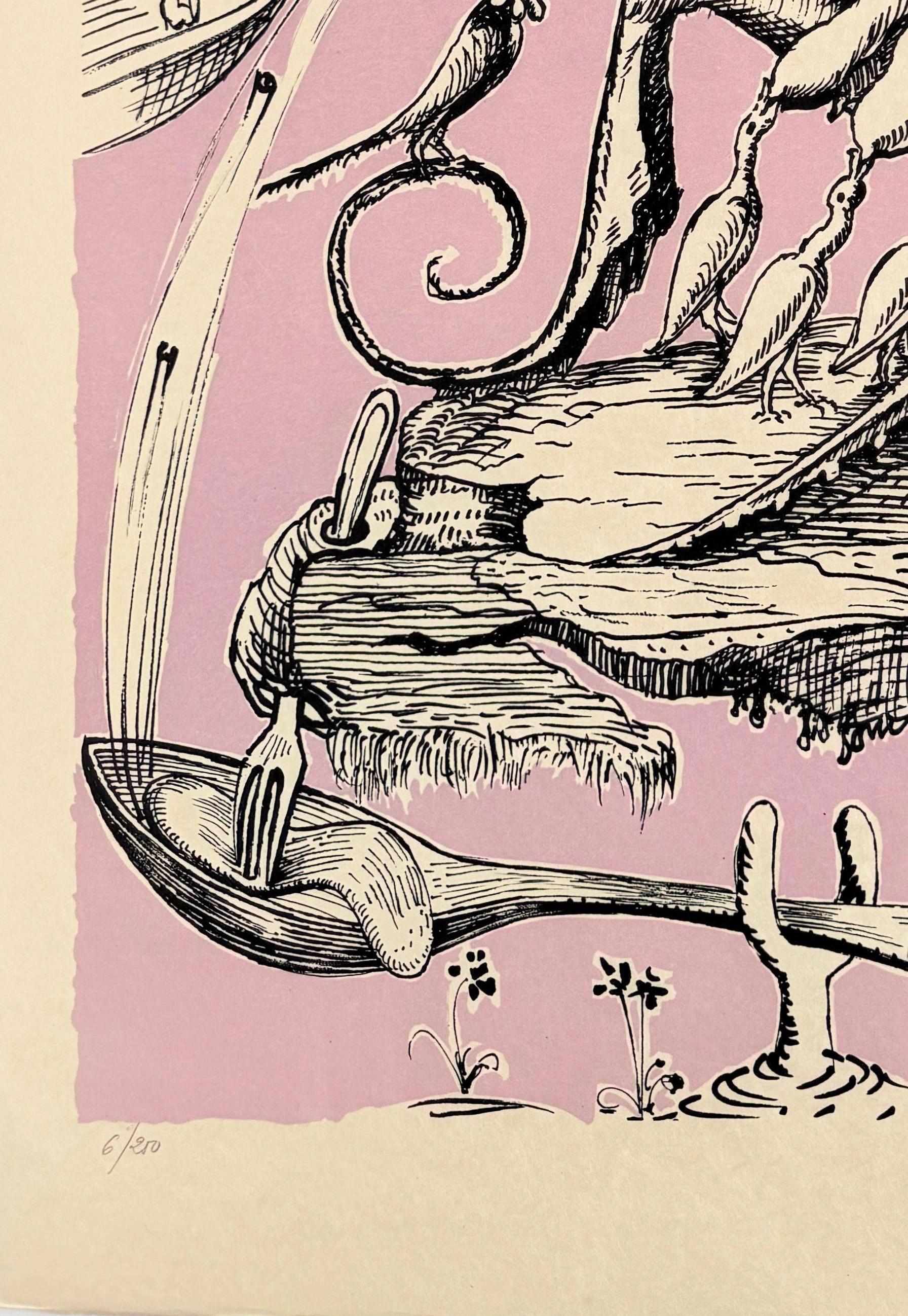 Salvador Dali (1904-1989) - Les Songes Drôlatiques de Pantagruel, Planche XIII

Lithographie de 1973.

Edition 6/250 sur papier Japon.

Dimensions de l'œuvre : 76 x 56 cm

Éditeur : Carpentier.

Imprimé par l'Atelier Grapholith.

L'œuvre est en
