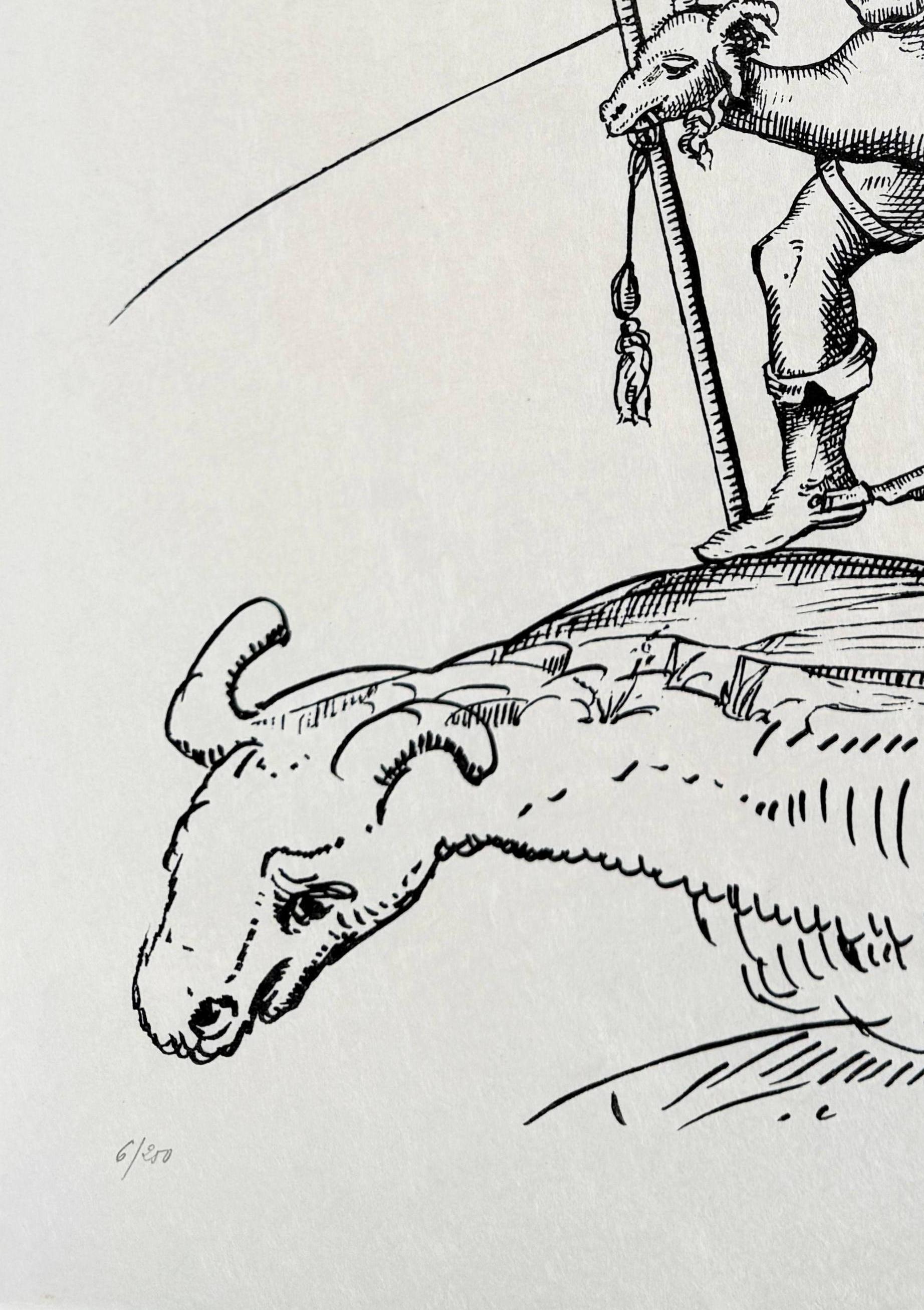 Salvador Dali (1904-1989) - Les Songes Drôlatiques de Pantagruel, Planche XVII

Lithographie de 1973.

Edition 6/250 sur papier Japon.

Dimensions de l'œuvre : 76 x 56 cm

Éditeur : Carpentier.

Imprimé par l'Atelier Grapholith.

L'œuvre est en