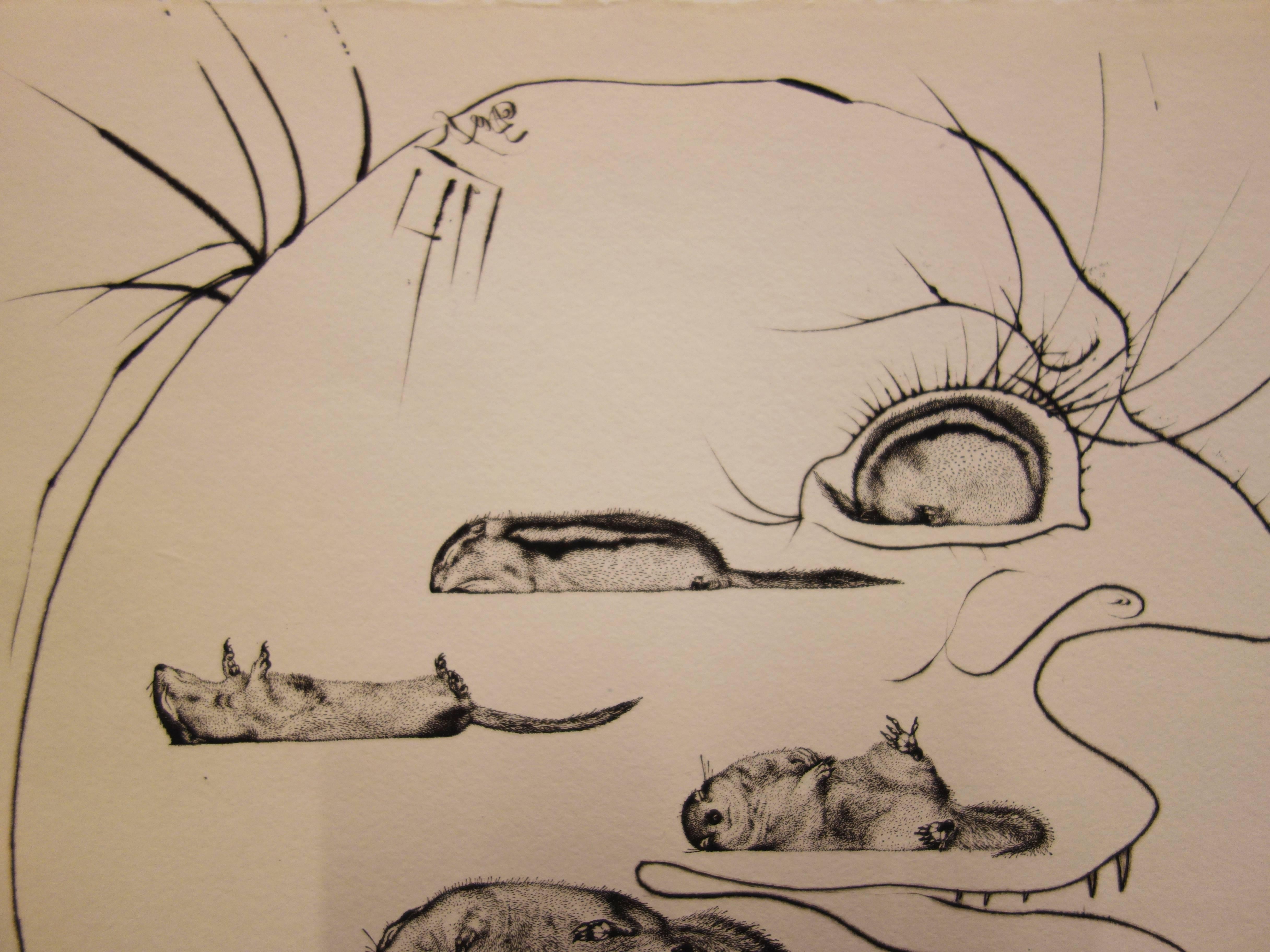 L'homme ressuscité par l'holographie de l'écureuil - Grabado original - 1973 - Figurative Print Marrón de Salvador Dalí