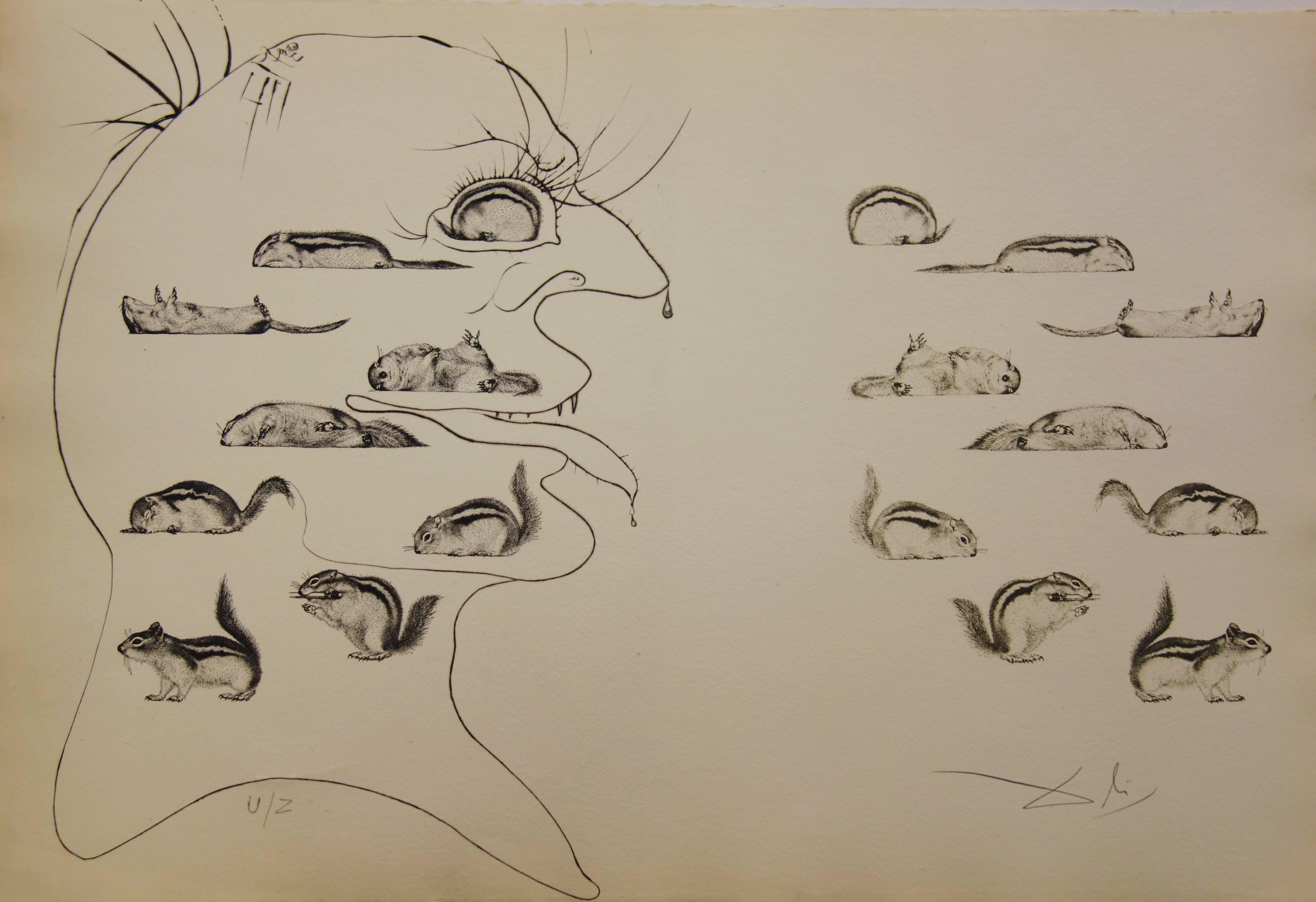 Figurative Print de Salvador Dalí - L'homme ressuscité par l'holographie de l'écureuil - Grabado original - 1973