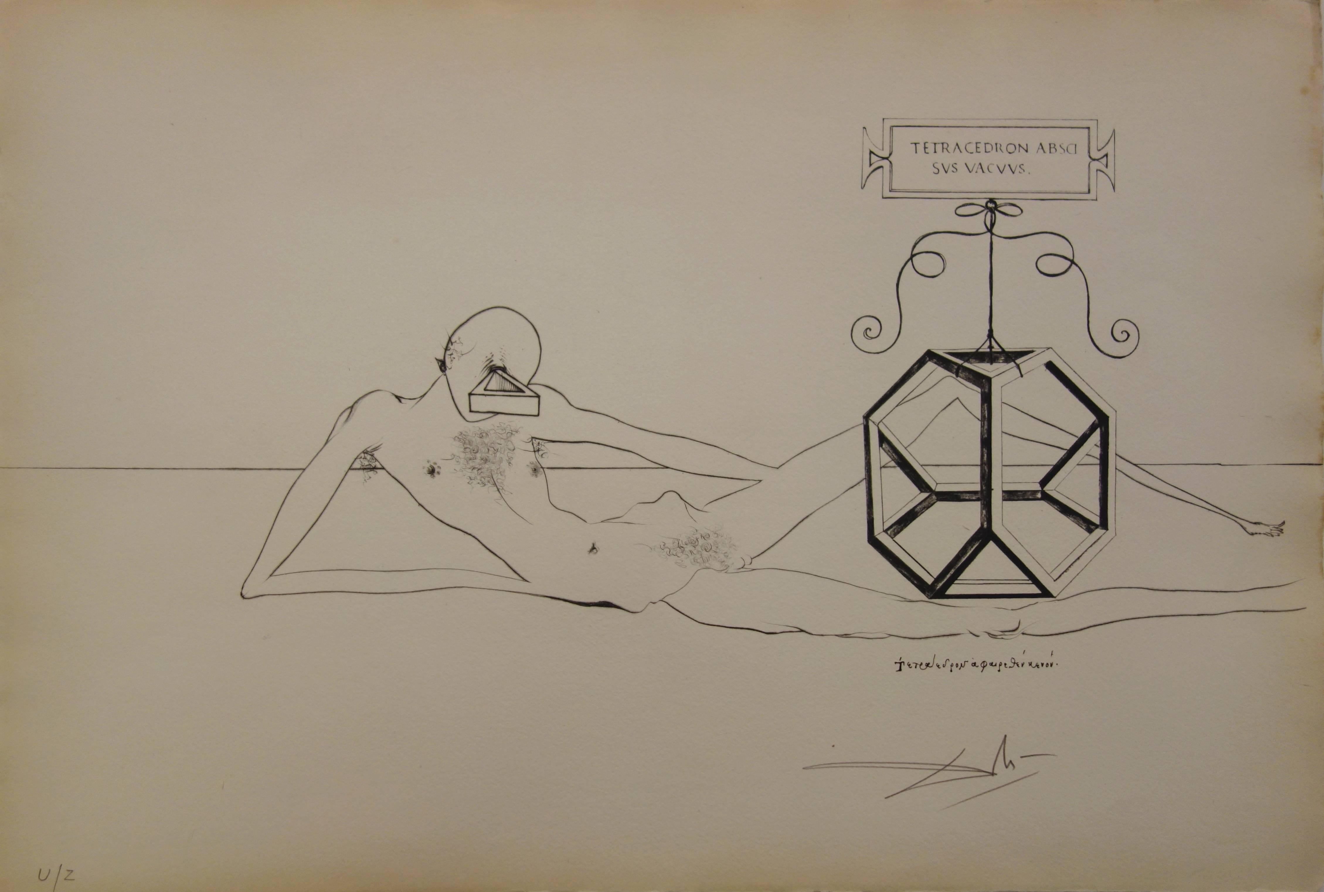 Salvador Dalí Figurative Print - L'immortalité tétraédrique du cube - Original etching - 1973