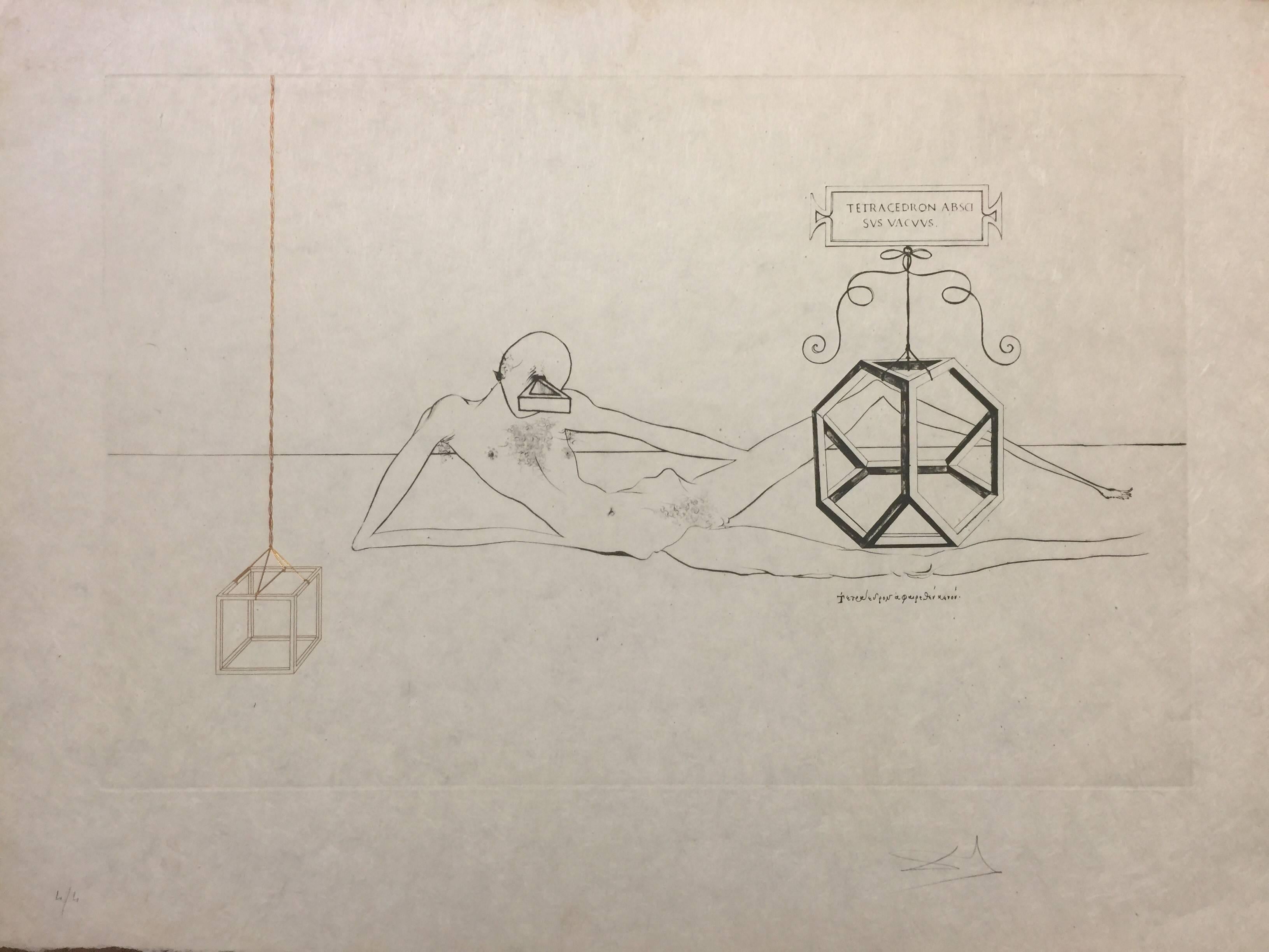 Salvador Dalí Print - L'Immortalitè Tetraedrique du cube - Original Lithograph by S. Dali - 1973