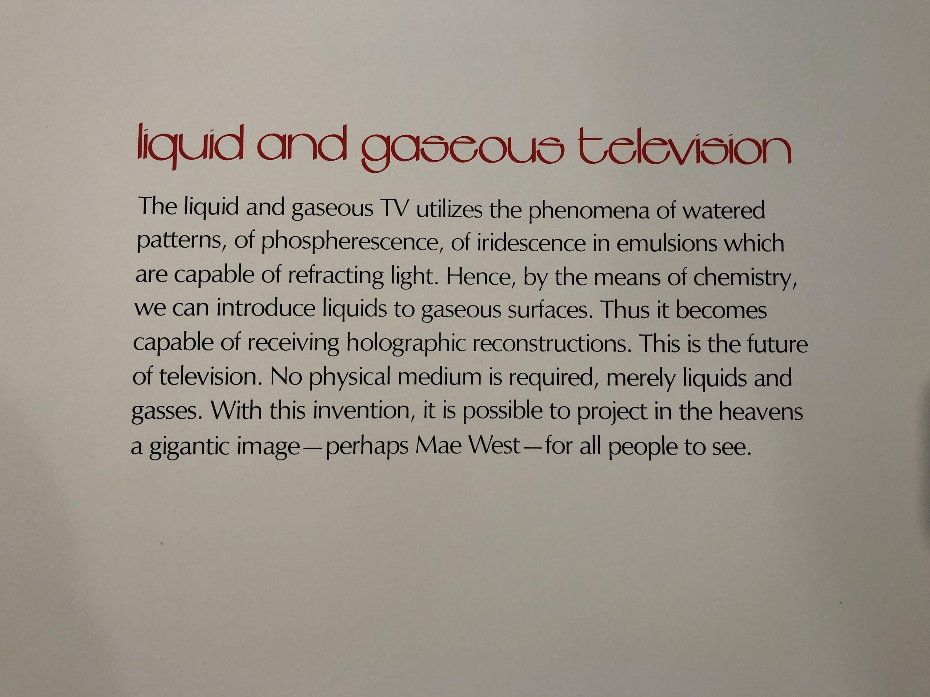 Salvador Dali Liquid and Gaseous Television
Artist: Salvador Dali
Medium: Lithograph with collage on Arches paper
Title: Liquid and Gaseous Television
Portfolio: Imaginations and Objects of the Future
Year: 1975
Edition: 24/250
Sheet Size: 27