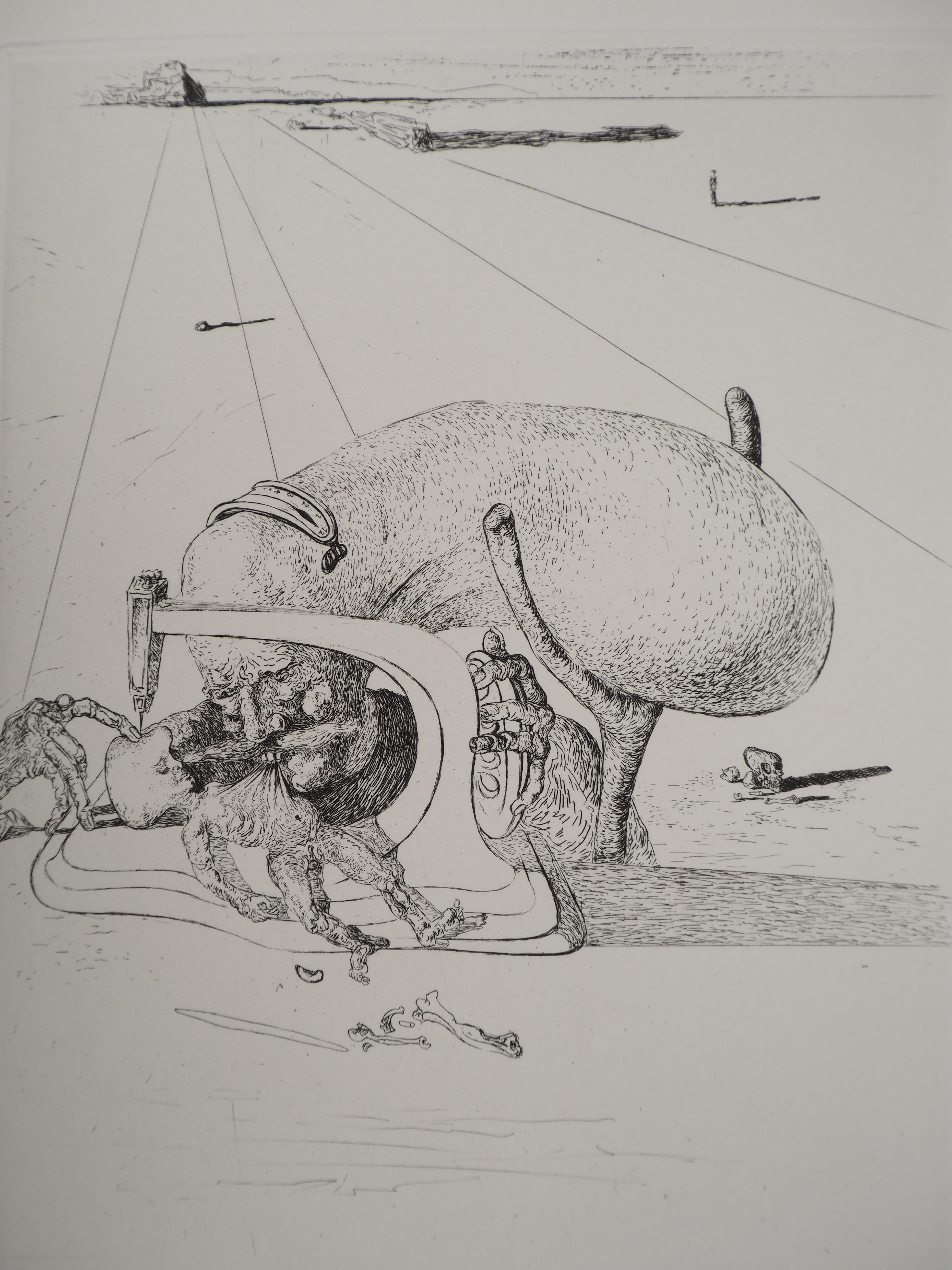 Salvador Dali
Allegory of time and aging, 1975

Original etching 
Signed in pencil 
Limited to 100 copies (Here numbered 52)
On Arches vellum  32.5 x 25 cm (c. 12.7 x 9.8 in)

REFERENCES :
- Catalog raisonne Field #34-2
- Catalog raisonne Michler &