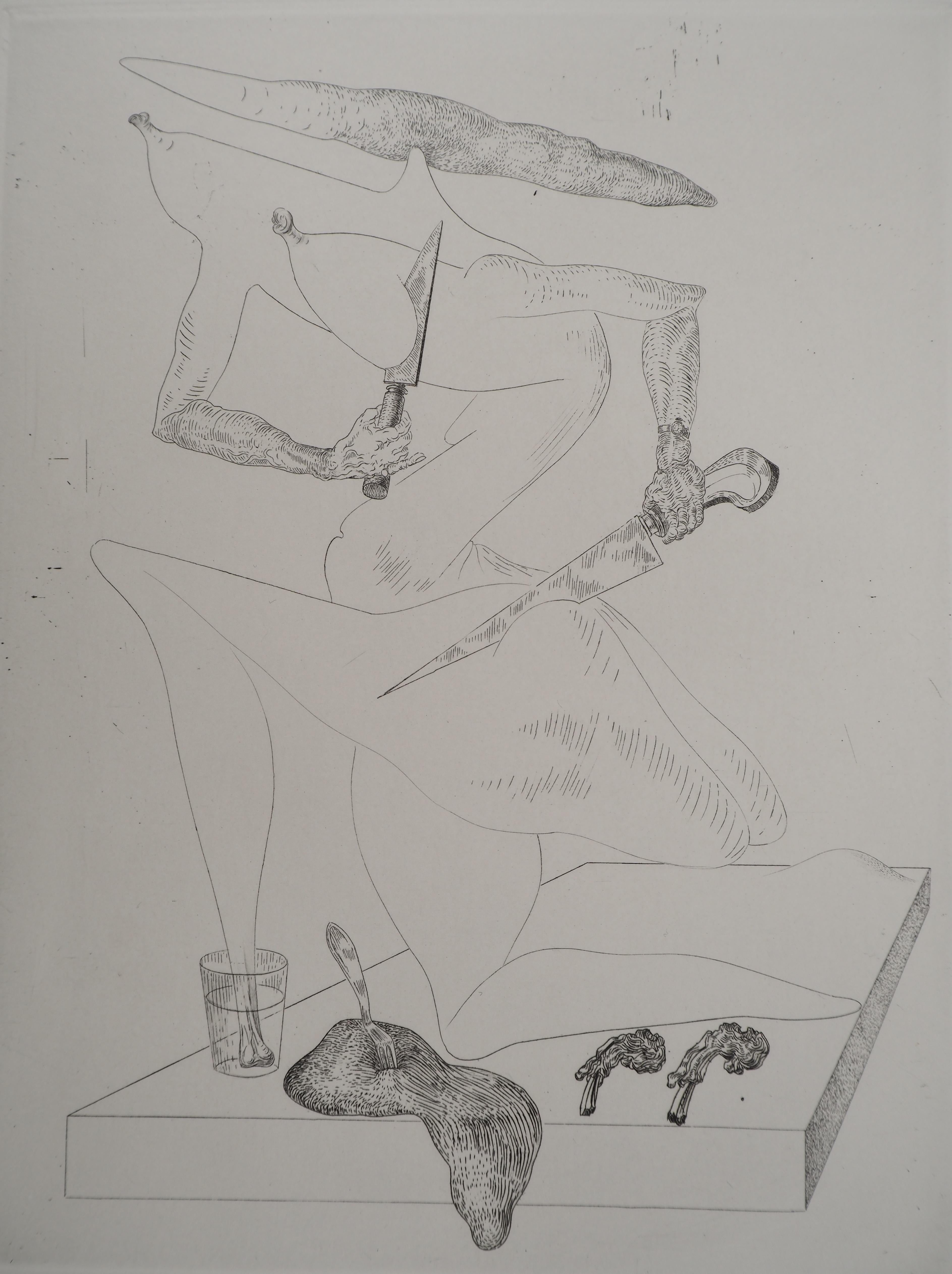 Salvador Dali
Préparer le dîner, 1975

Gravure originale 
Signé au crayon 
Limité à 100 exemplaires (Ici numéroté 52)
Sur vélin d'Arches  32.5 x 25 cm (c. 12.7 x 9.8 in)

REFERENCES :
- Catalogue raisonne Field #34-2
- Catalogue raisonné Michler &