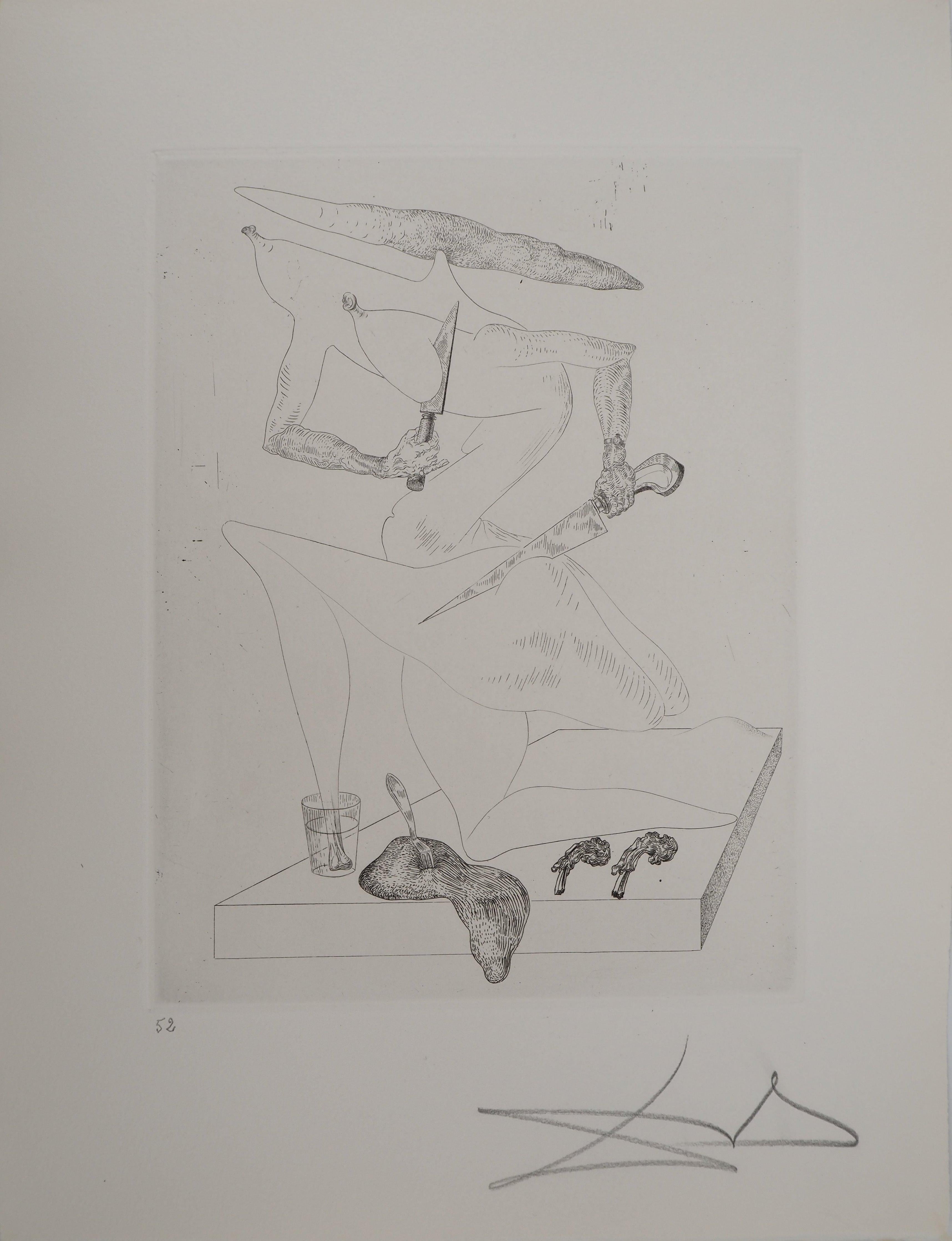 Salvador Dalí Still-Life Print - Maldoror : Making dinner - Original etching, HANDSIGNED, 1975