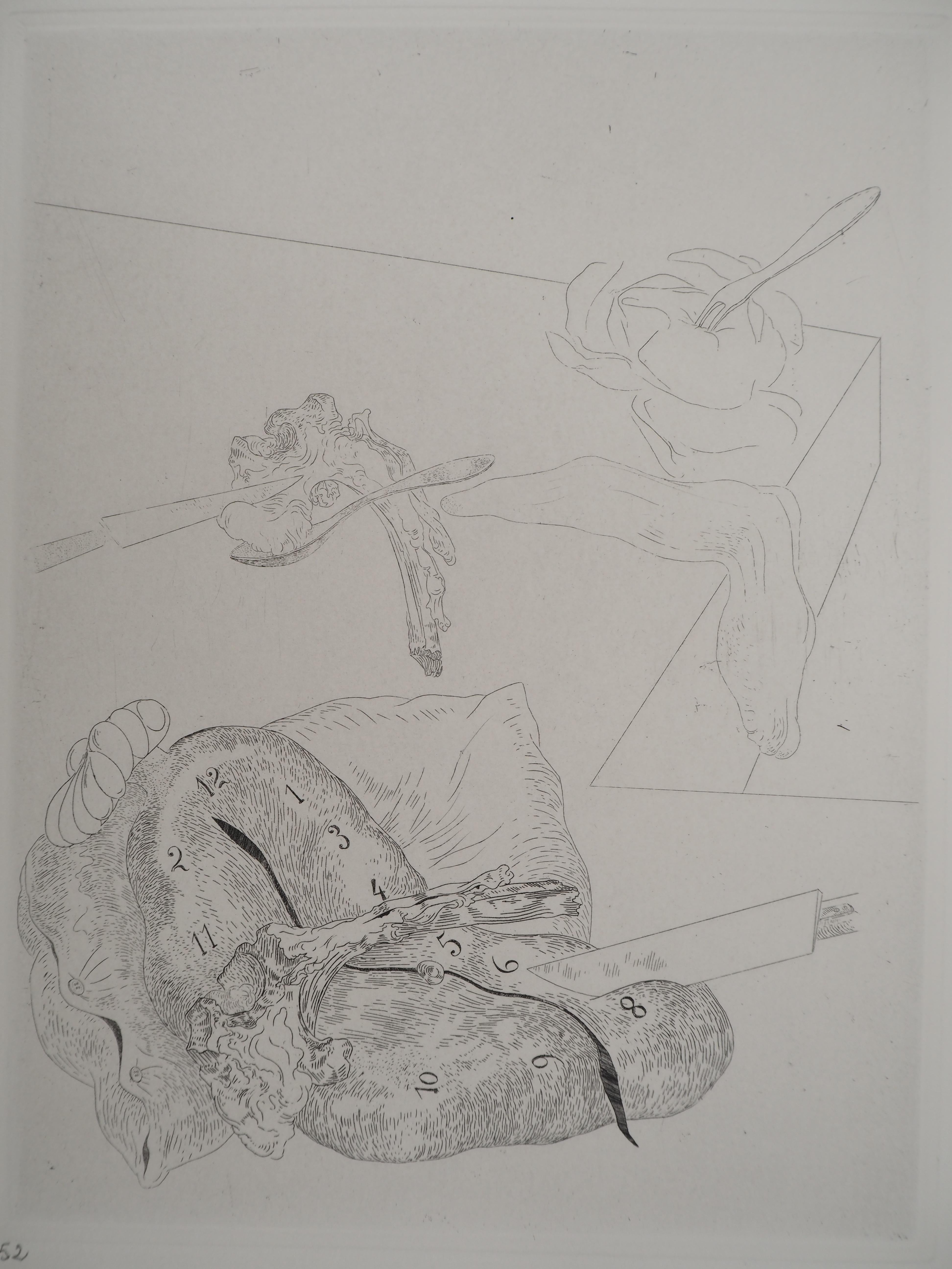 Salvador Dali
Time Sleeping, 1975

Original etching 
Signed in pencil 
Limited to 100 copies (Here numbered 52)
On Arches vellum  32.5 x 25 cm (c. 12.7 x 9.8 in)

REFERENCES :
- Catalog raisonne Field #34-2
- Catalog raisonne Michler & Lopsinger