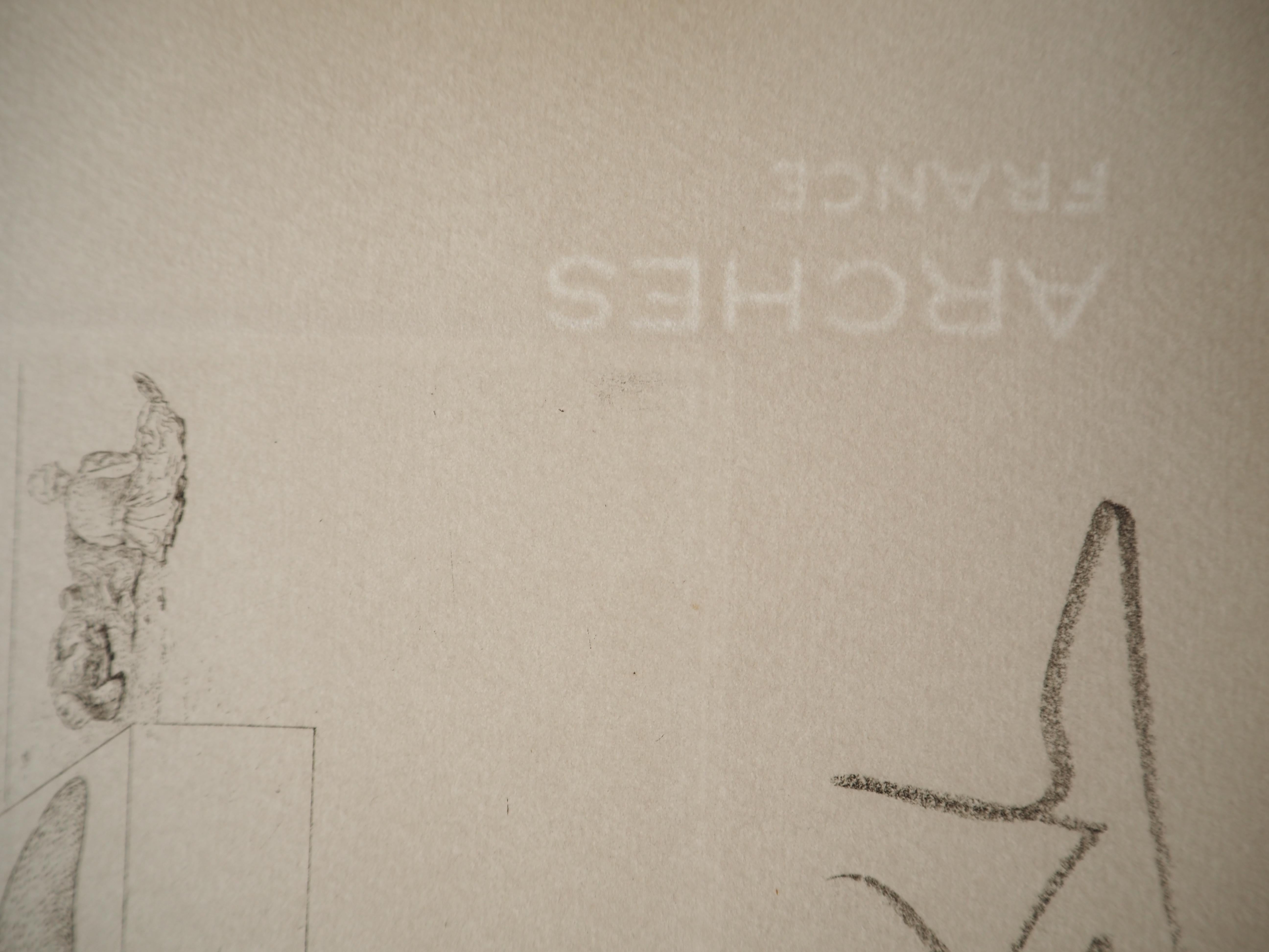 Maldoror, surrealistische Figur mit Krümmung – Original-Radierung, signiert, Feld #34-2 7