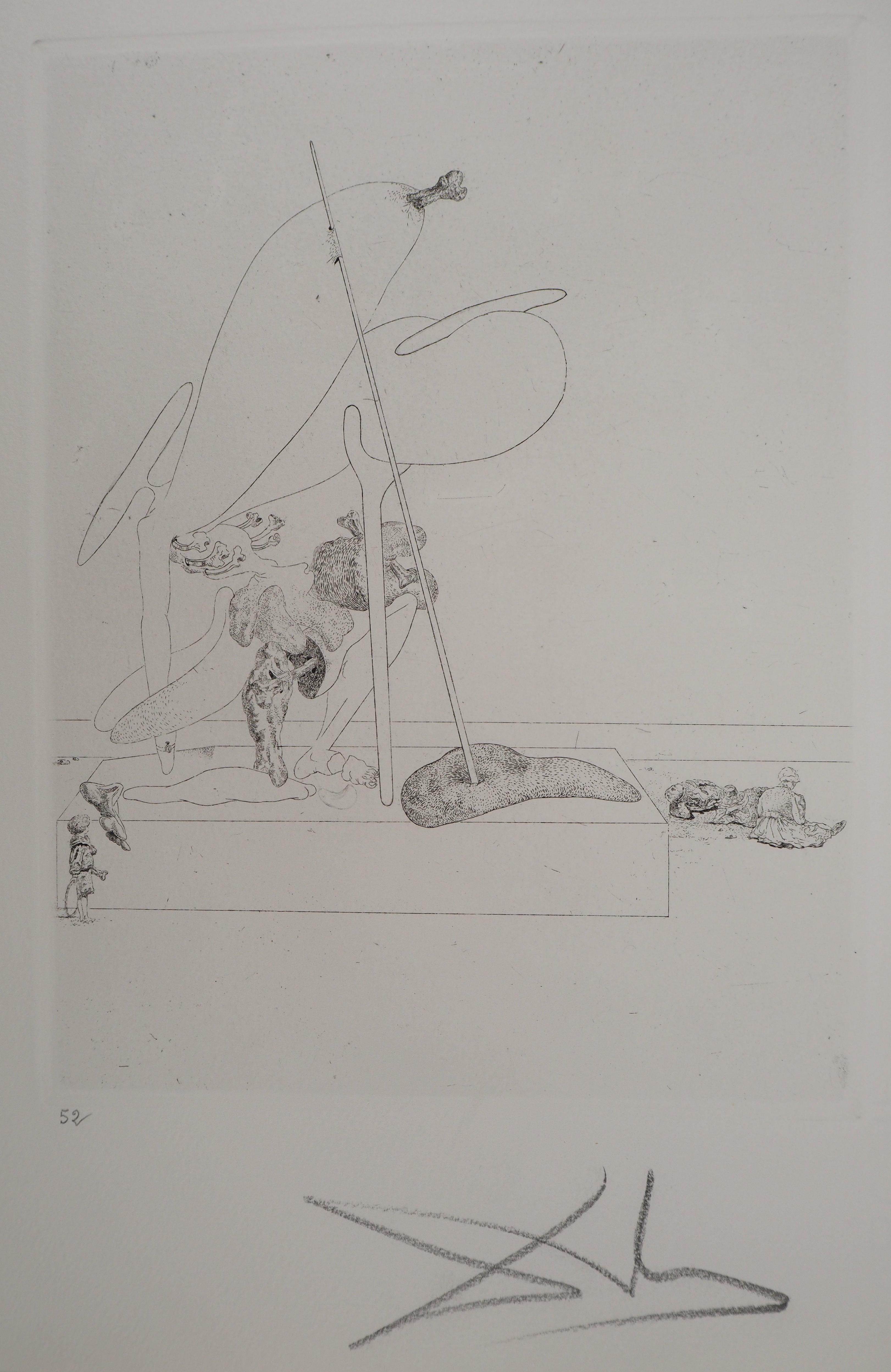 Maldoror, Surrealist Figure with Crutch - Original etching SIGNED, Field #34-2 - Print by Salvador Dalí