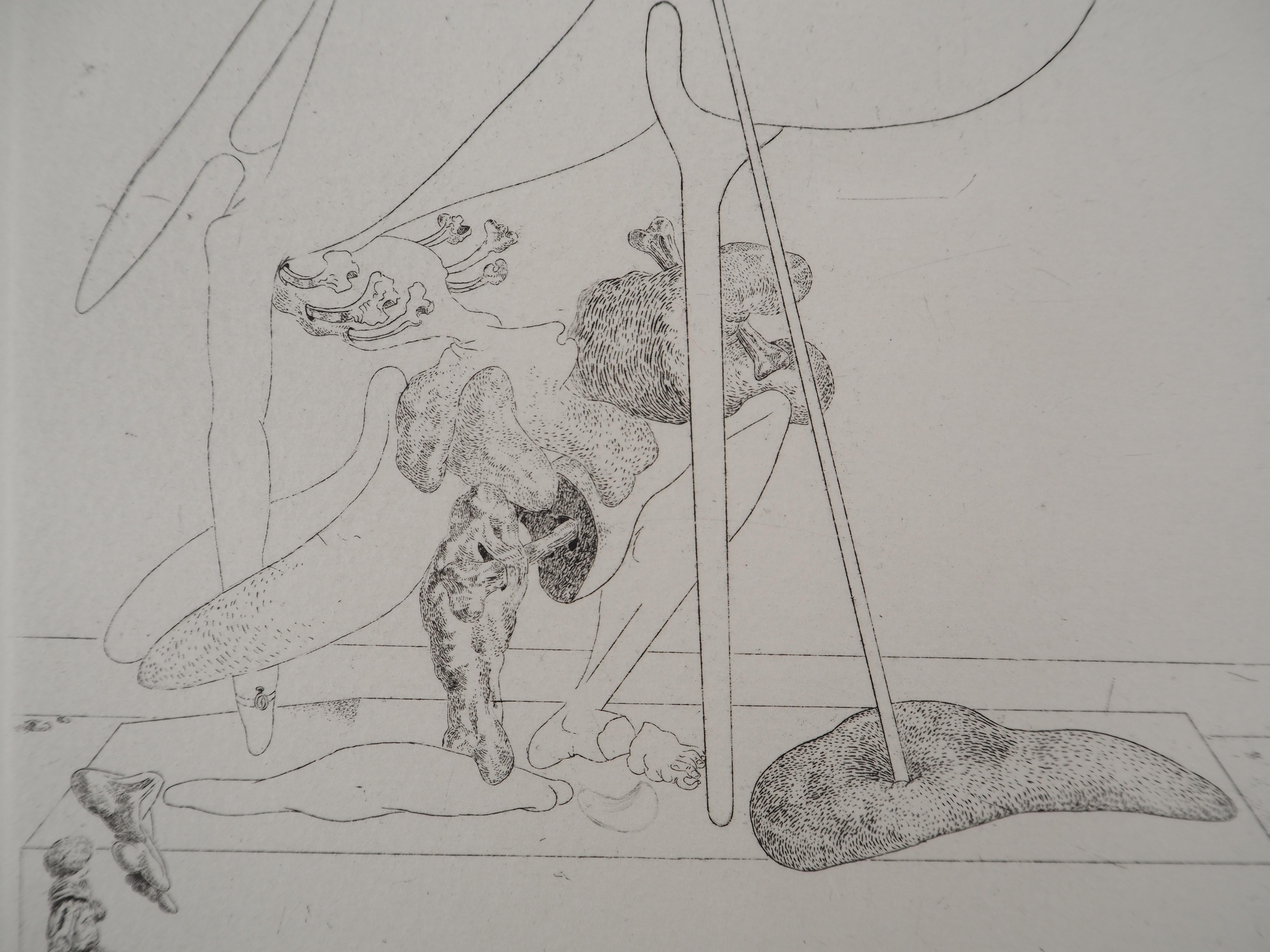 Maldoror, surrealistische Figur mit Krümmung – Original-Radierung, signiert, Feld #34-2 3