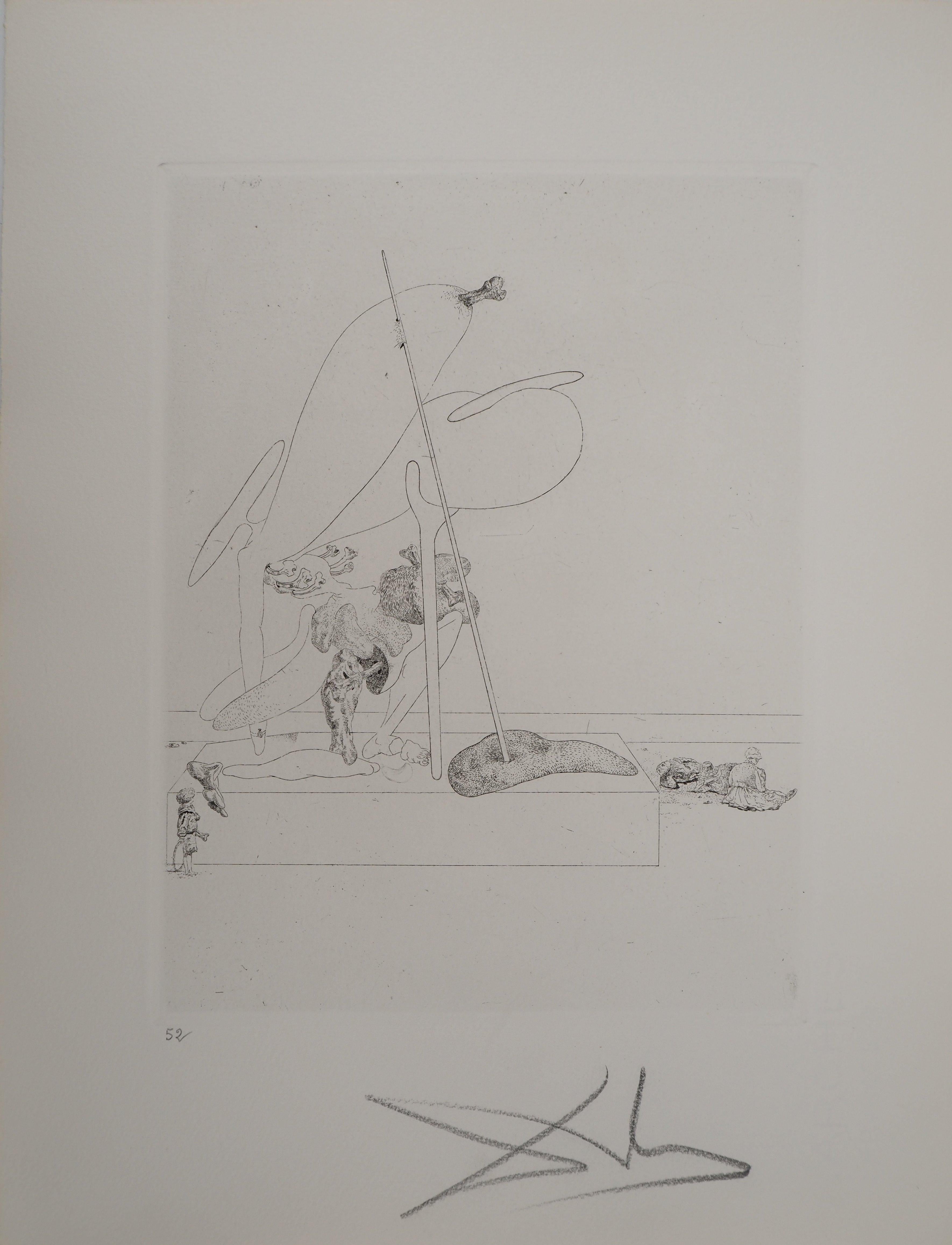 Salvador Dalí Figurative Print - Maldoror, Surrealist Figure with Crutch - Original etching SIGNED, Field #34-2