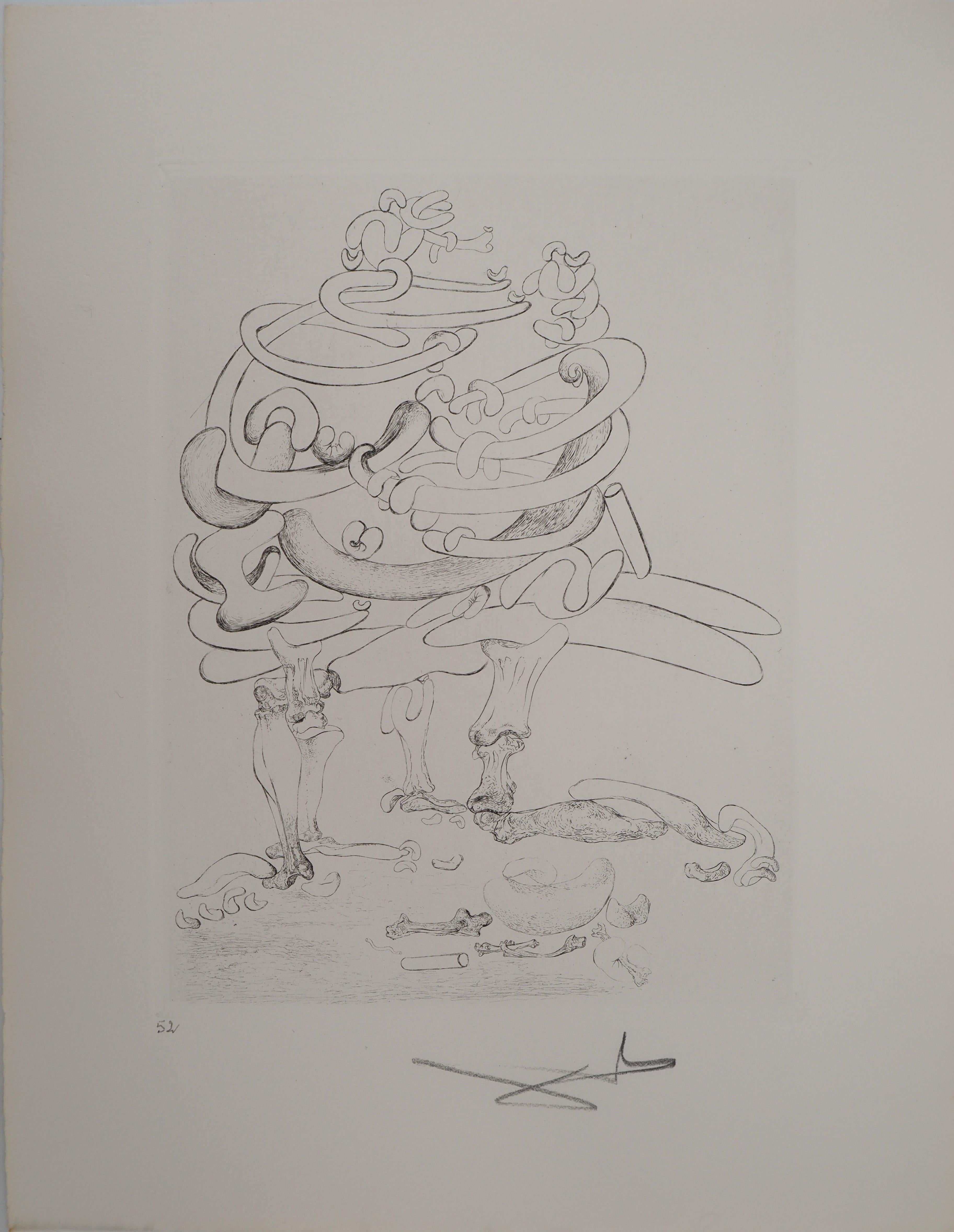 Salvador Dalí Abstract Print - Maldoror : Surrealist Skeleton - Original etching, HANDSIGNED, 1975