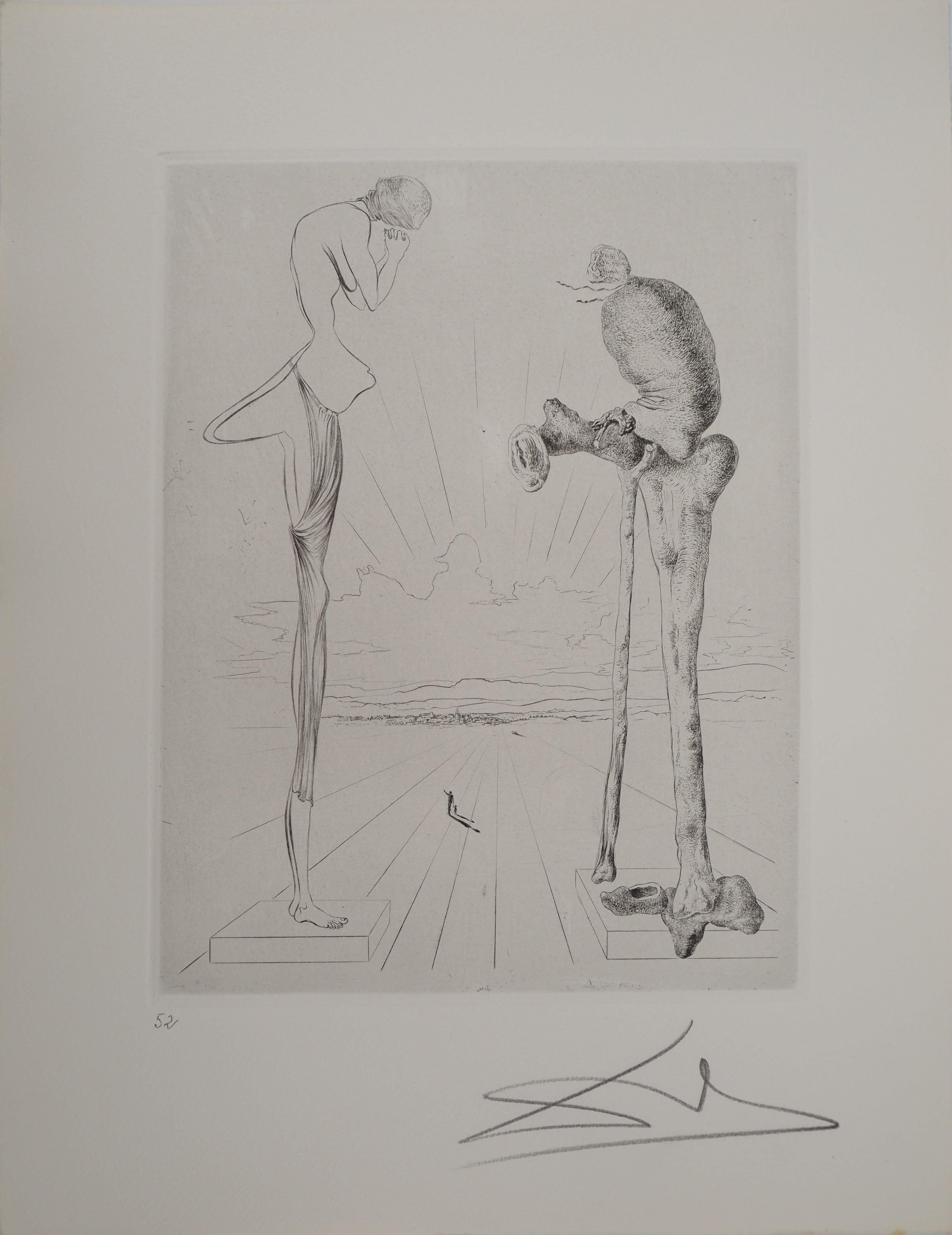 Salvador Dalí Portrait Print - Maldoror : The giant with a bag - Original etching, HANDSIGNED