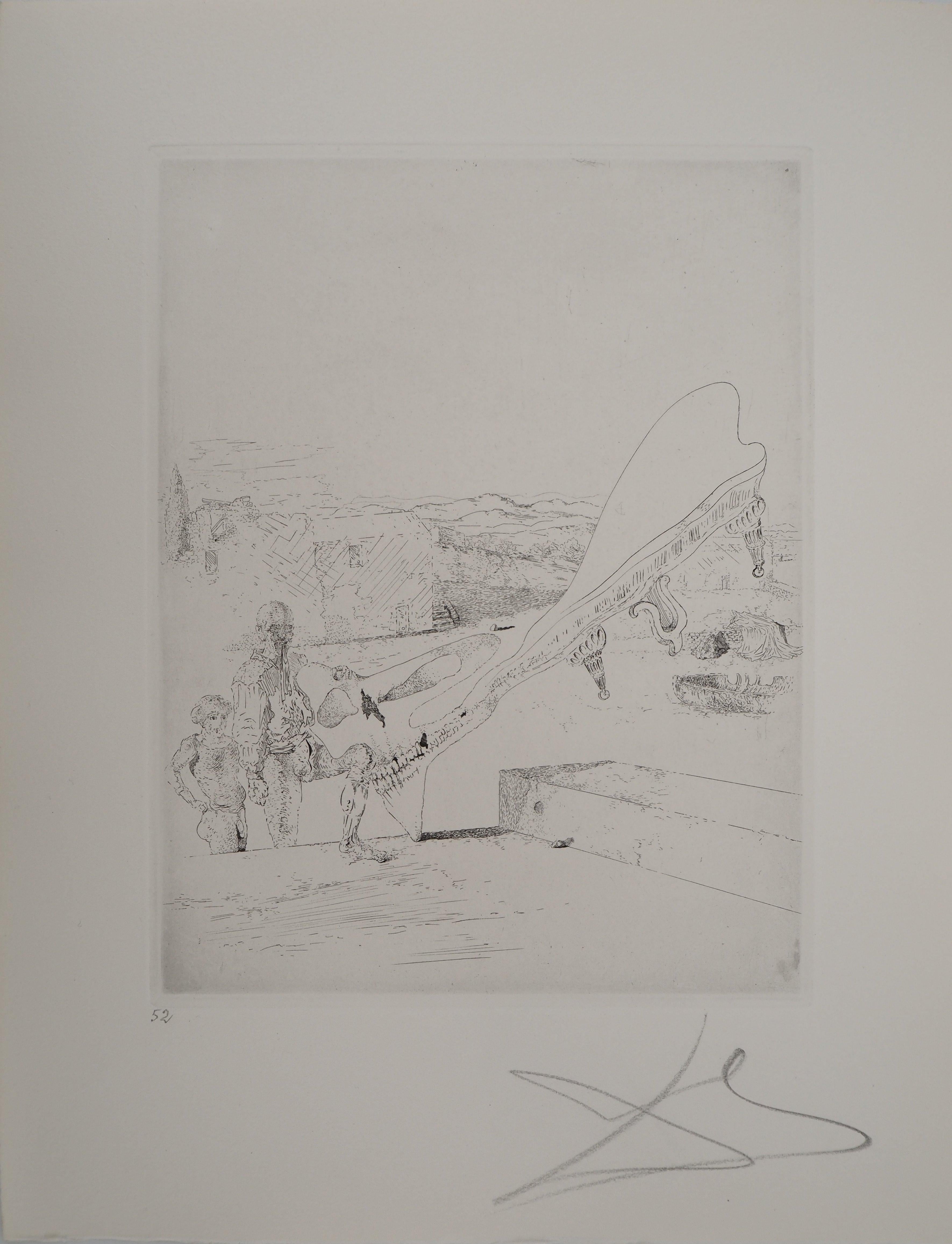 Salvador Dalí Landscape Print - Maldoror : Vanitas in Landscape - Original etching, HANDSIGNED, 1975