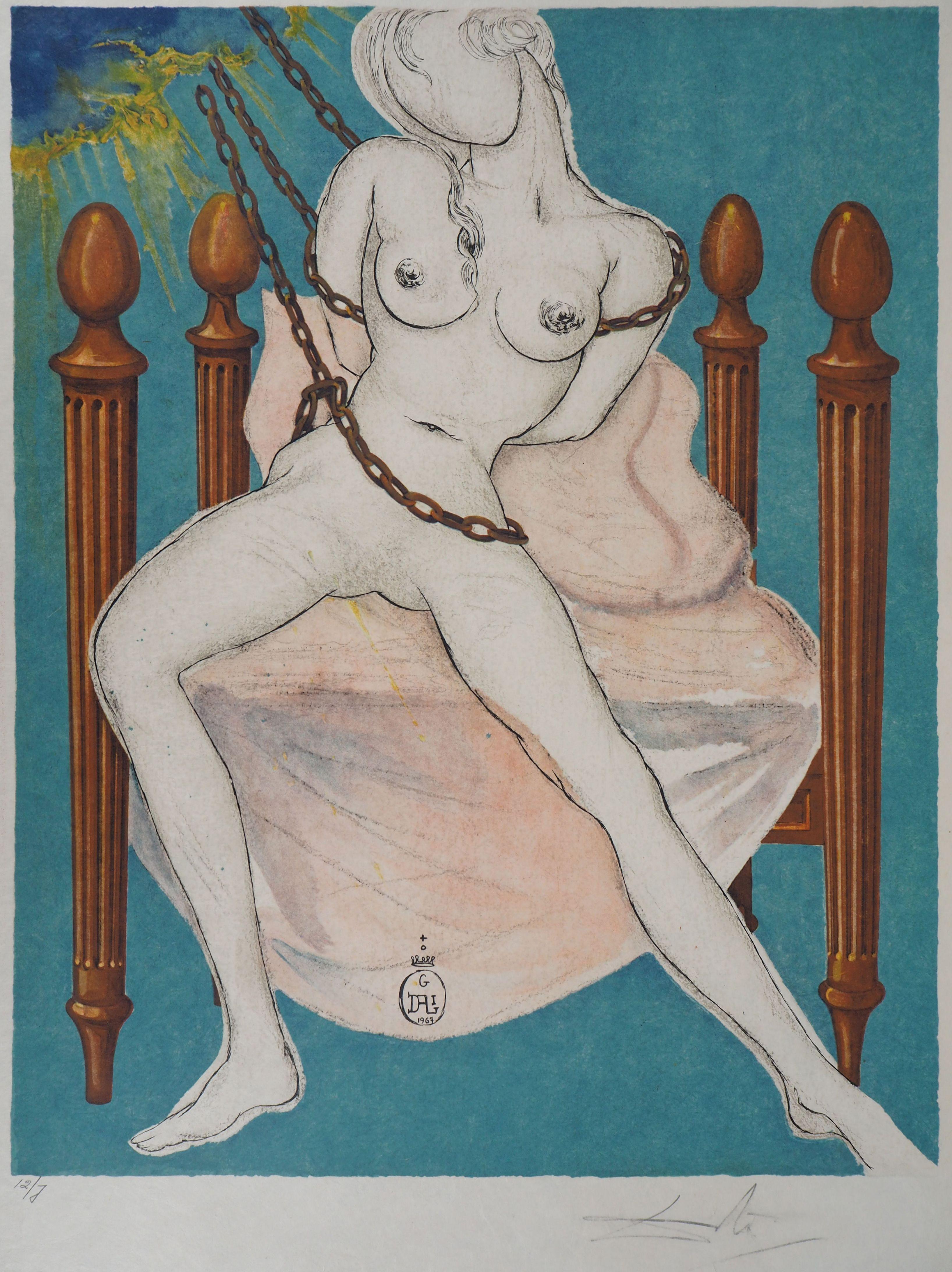 Marquis de Sade: Allegorie, Cecile''s Chastity - Handsignierte Lithographie (Grau), Nude Print, von Salvador Dalí