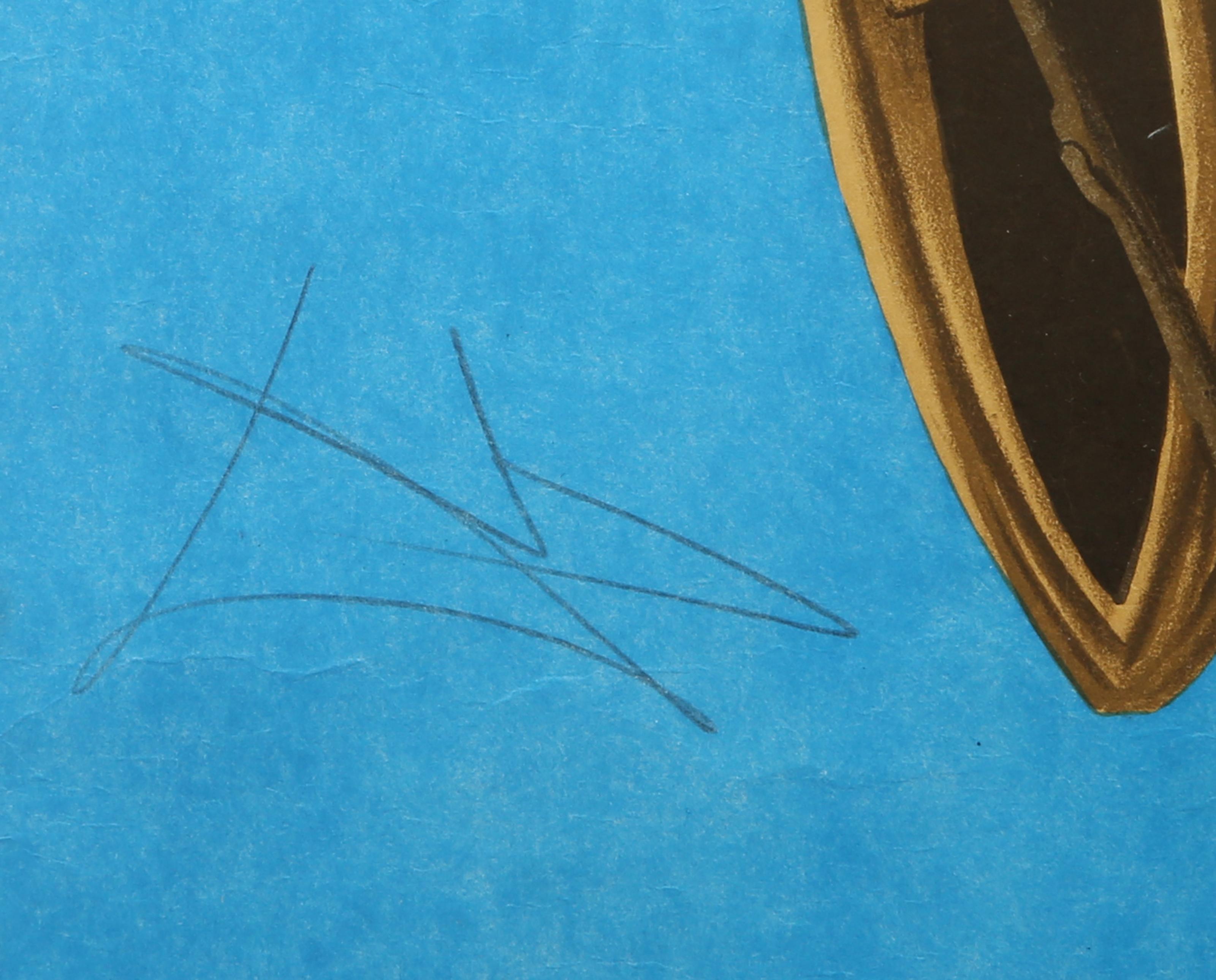 A clock-faced figure wearing monk's robes floats in a blue void above a roiling storm cloud. This Surrealist lithograph by Salvador Dali shows the figure in movement, traveling with their walking stick and a lantern adorned with butterflies. This
