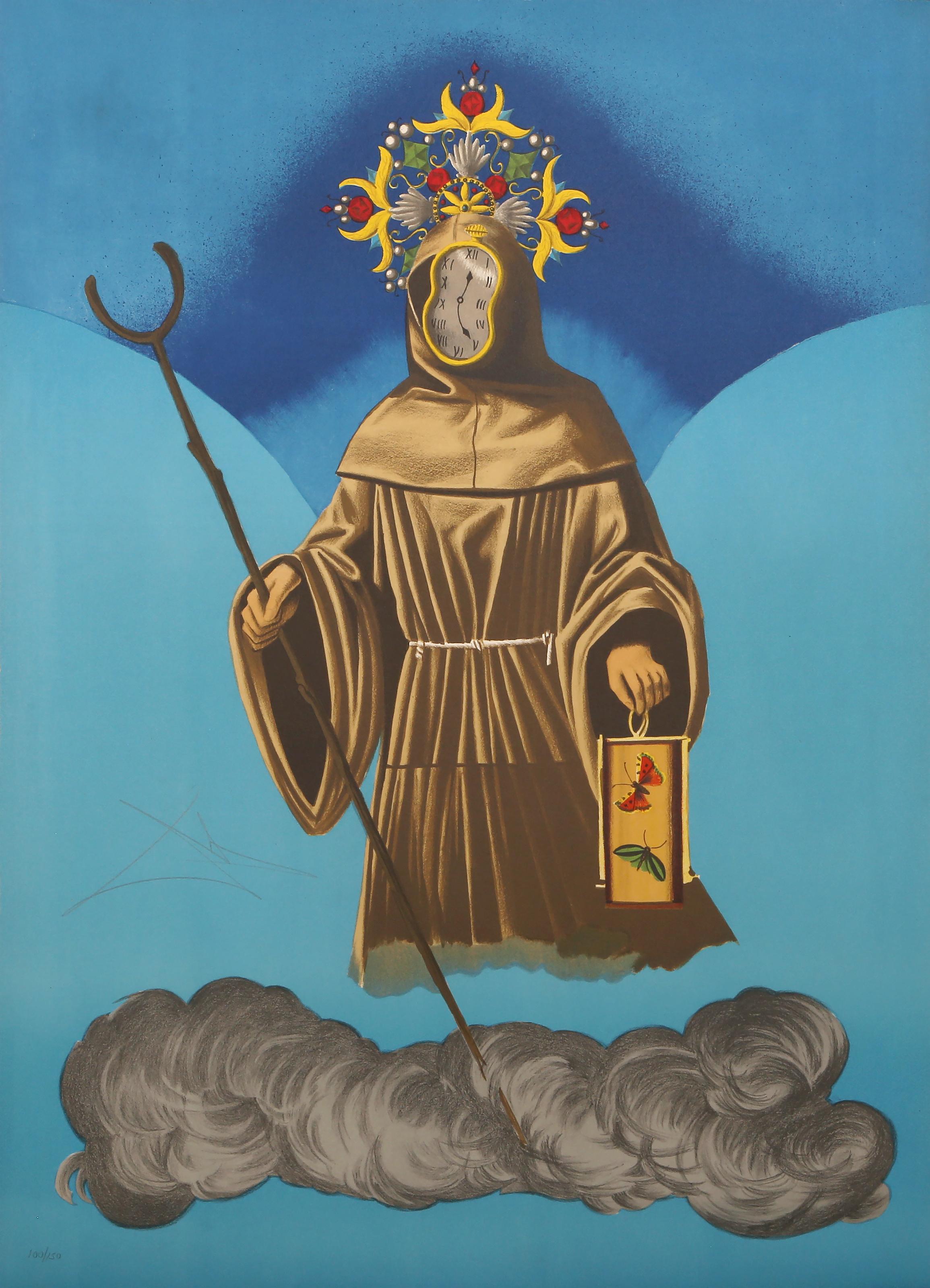 Una figura con cara de reloj, vestida con túnica de monje, flota en un vacío azul sobre una agitada nube de tormenta. Esta litografía surrealista de Salvador Dalí muestra a la figura en movimiento, viajando con su bastón y un farol adornado con