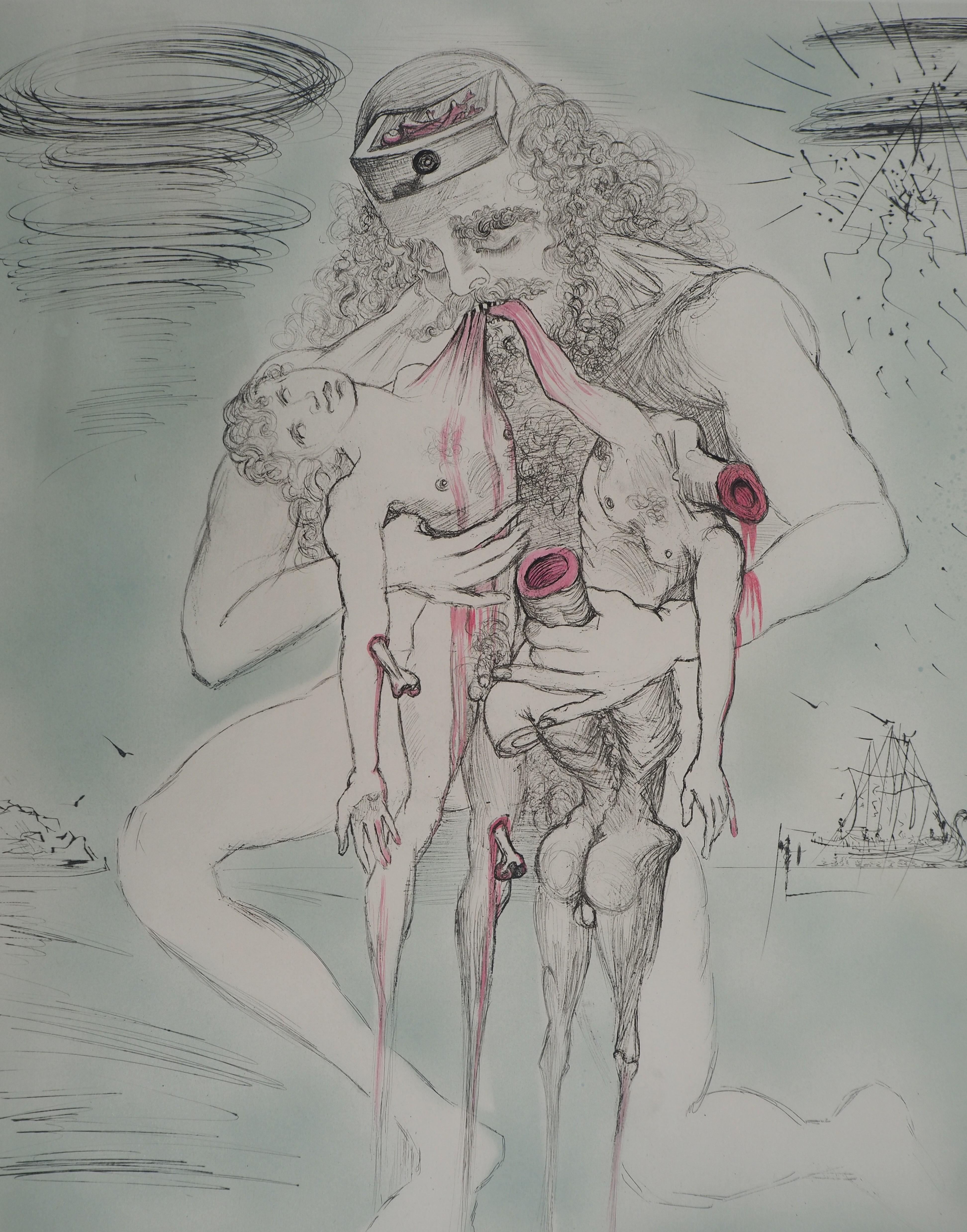 Mythologie: Saturn (Kronos) – Original handsignierte Radierung (Gegenstand #63-3 N) (Grau), Figurative Print, von Salvador Dalí