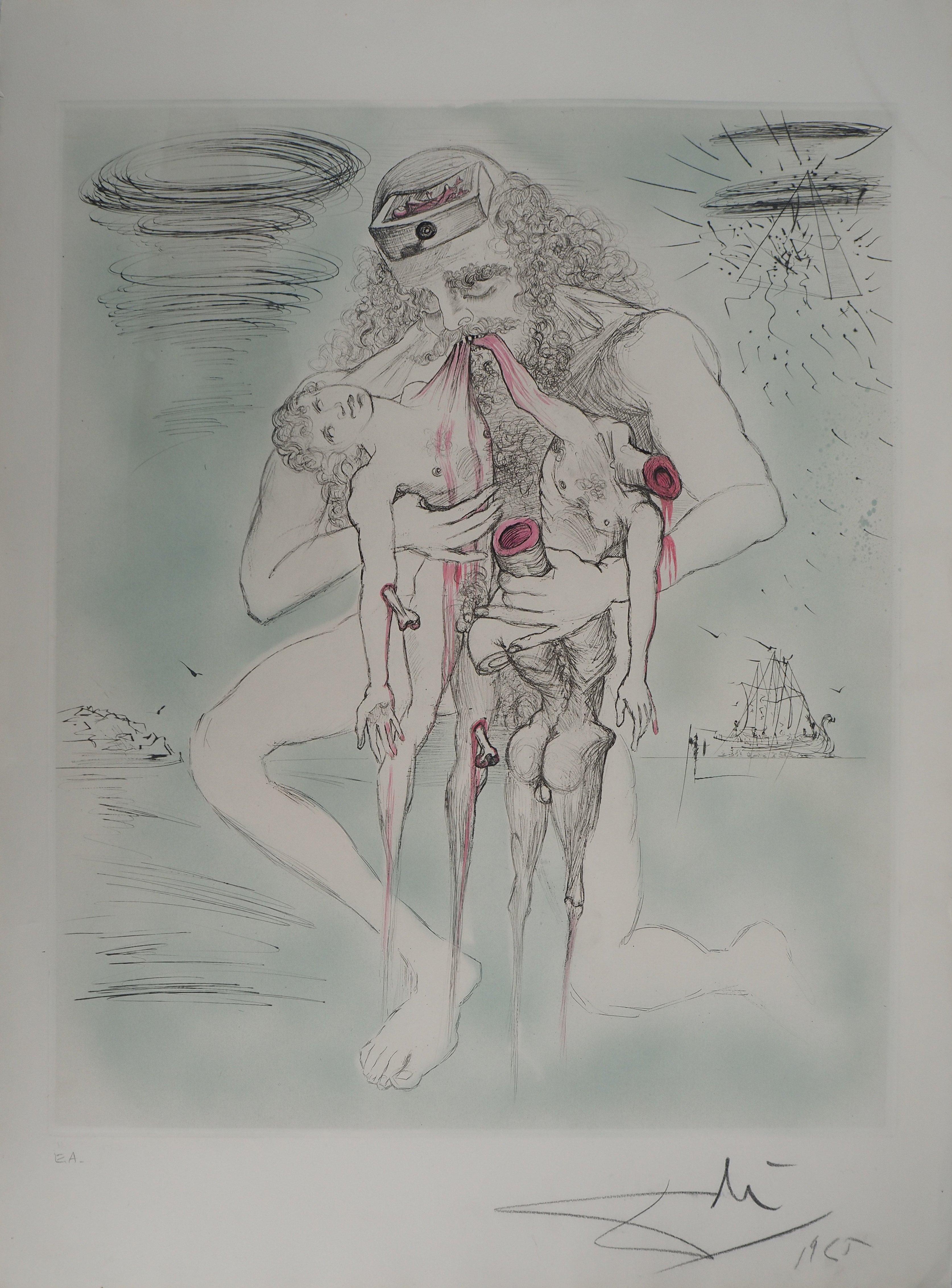 Mitología : Saturno (Kronos) - Grabado original firmado a mano (Campo #63-3 N)