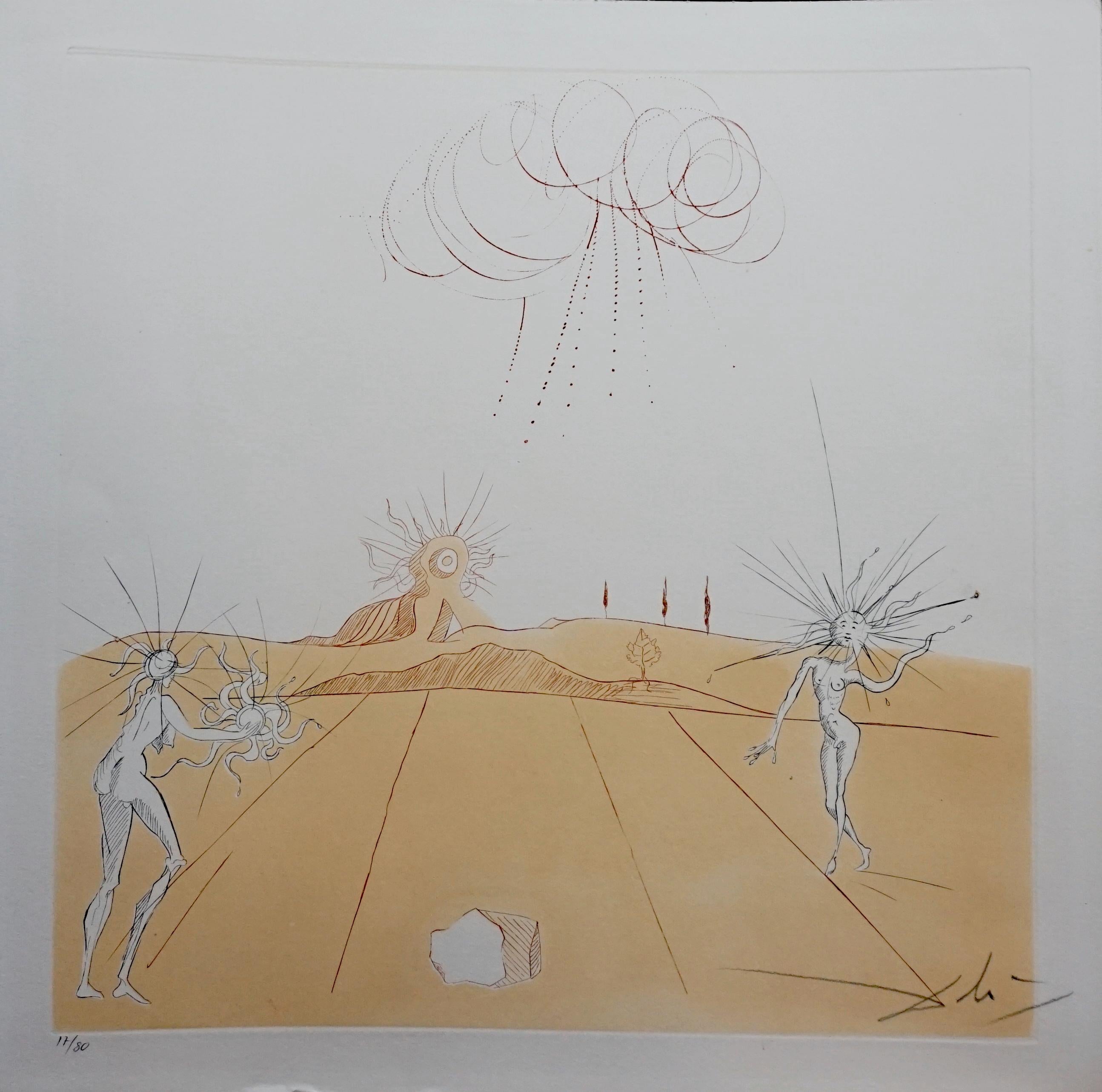 Salvador Dalí Print - Neuf Paysages Paysage avec Figures-Soleil from Sun
