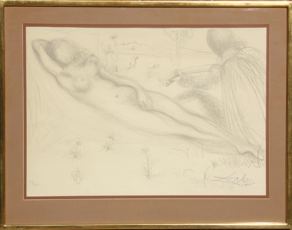 Künstler: Salvador Dali, Spanier (1904 - 1989)
Titel:	Nu a la Guitarre (Serenade) aus der Nudes Suite
Jahr: 1970
Medium:	Lithographie auf Rives, signiert und nummeriert mit Bleistift 
Auflage: CV/CXX
Papierformat: 20,5 x 28 Zoll (52,07 x 71,12