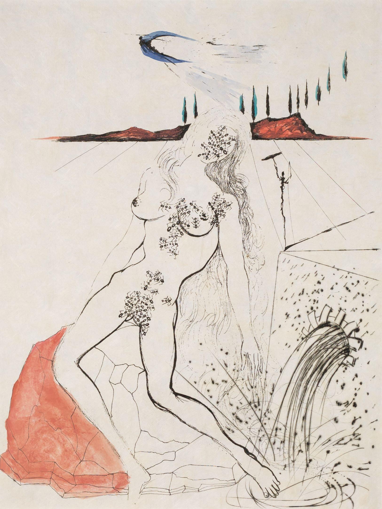 Nude at the Fountain– signed and dated ‘Dalí’ lower right and framed in an ornate, gold-tone frame. On japon, unnumbered from the 1967 edition of 235 portfolios.

Originally published as Poèmes Secrets d'Apollinaire, the etchings in this portfolio